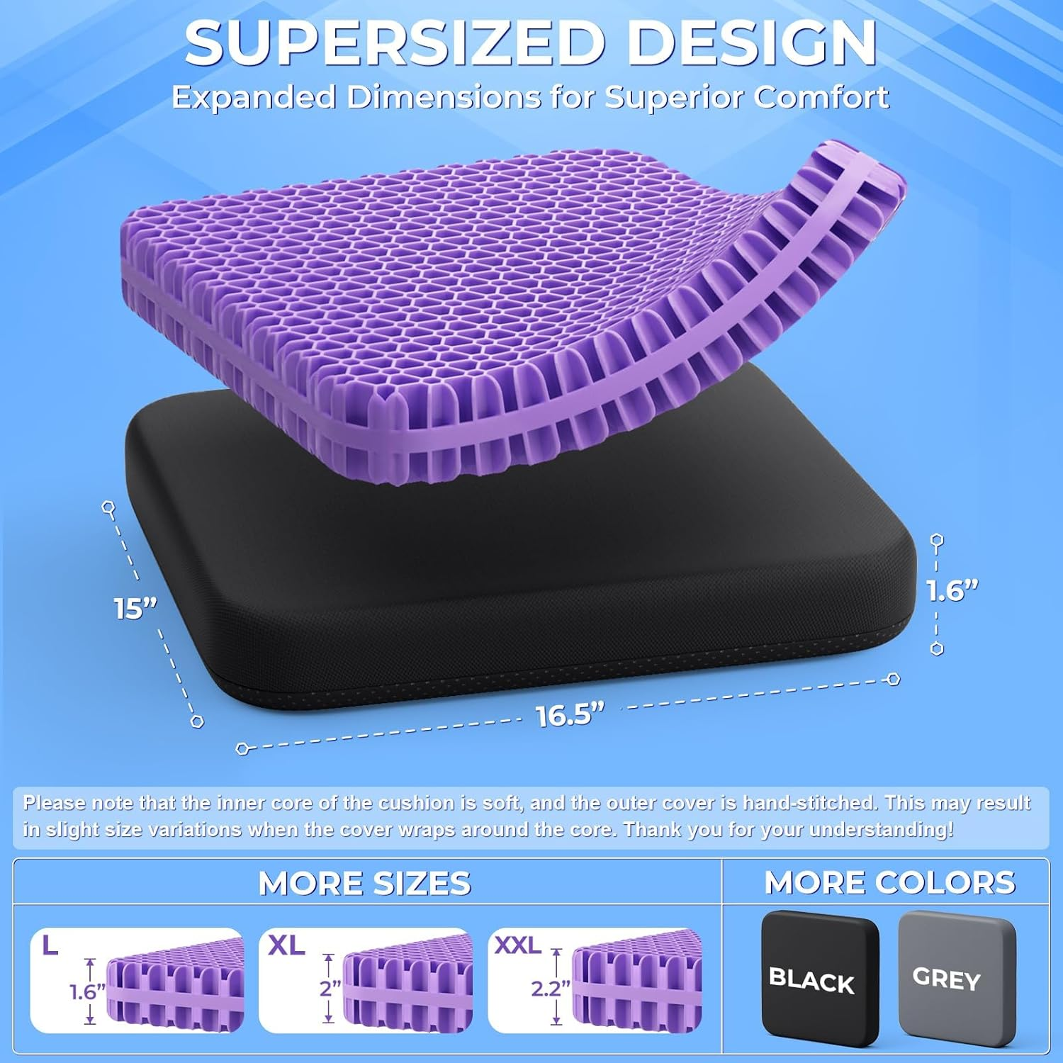 Gel Seat Cushion for Long Sitting, Enlarged and Thickened Design Chair Cushion, Breathable Cooling Seat Cushions for Office, Home Chairs, Soft Car Seat Cushion for Wheelchair (Purple-Xl) - Light Blue-Xxl image number 7