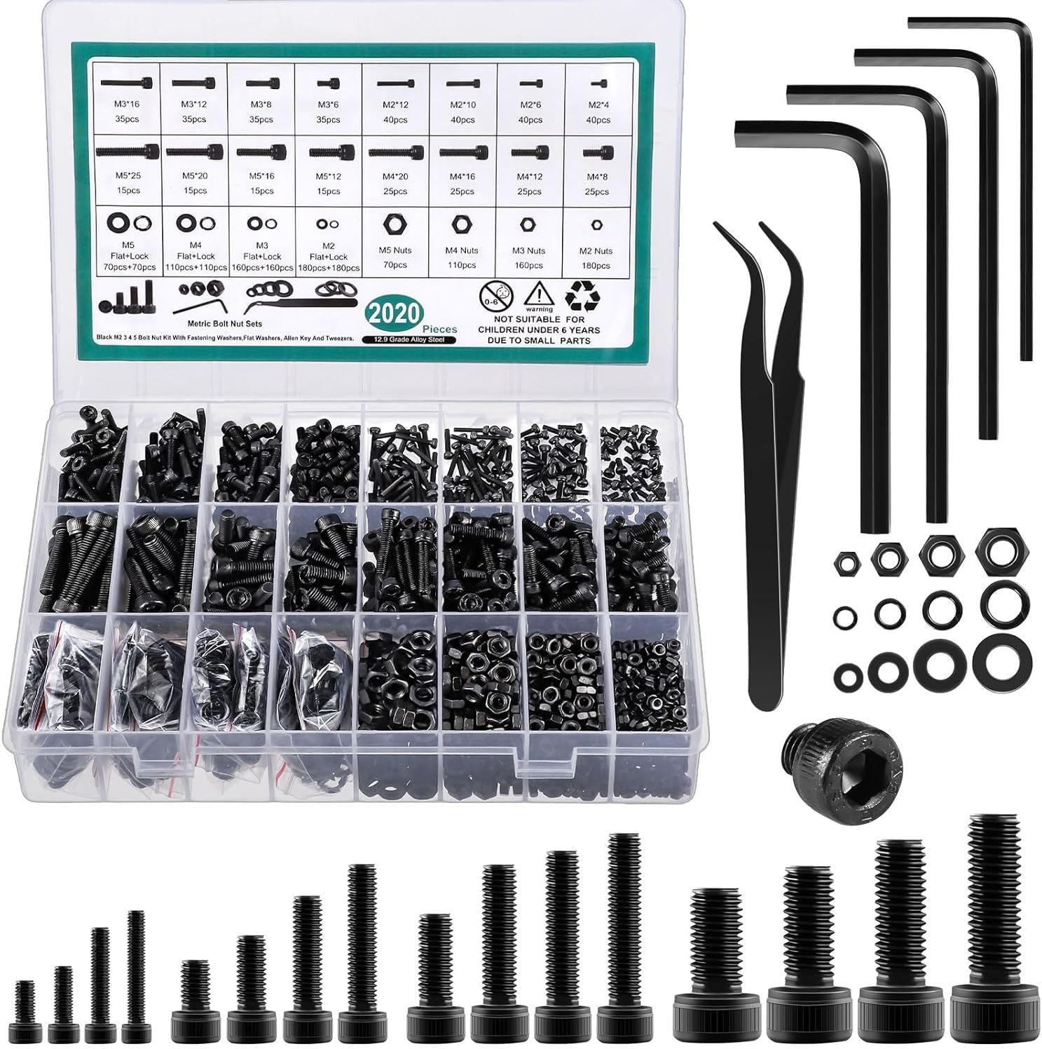 KUGONTC Metric Screw Assortment, 2020PCS Metric Bolt Assortment Kit M2 M3 M4 M5 Machine Screws with Lock & Flat Washers, Grade 10.9 Alloy Steel Hex Socket Button Head Black Screws Nuts and Bolts Kit