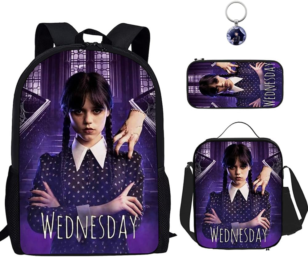 AII Lover 3Pcs Wednesday Backpack Keychain,16.5In Lightweight 3D Print Large Capacity Bookbag Travel Outdoor Camping Daypack School Bag.