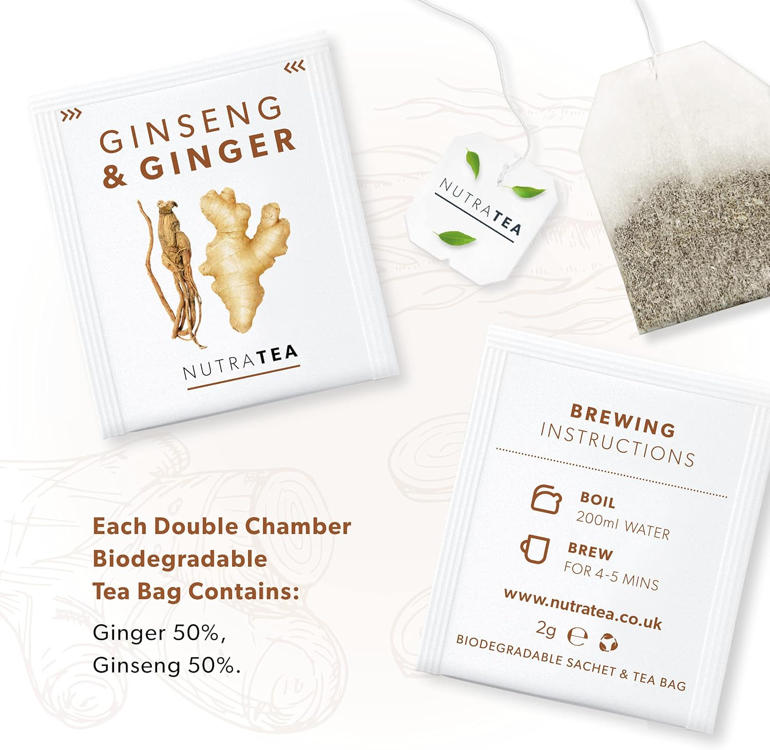 Nutra Tea - Ginger & Ginseng Tea | Ginger Tea - 40 Individually Wrapped Bags - Herbal Teas - (2 Pack) image number 6