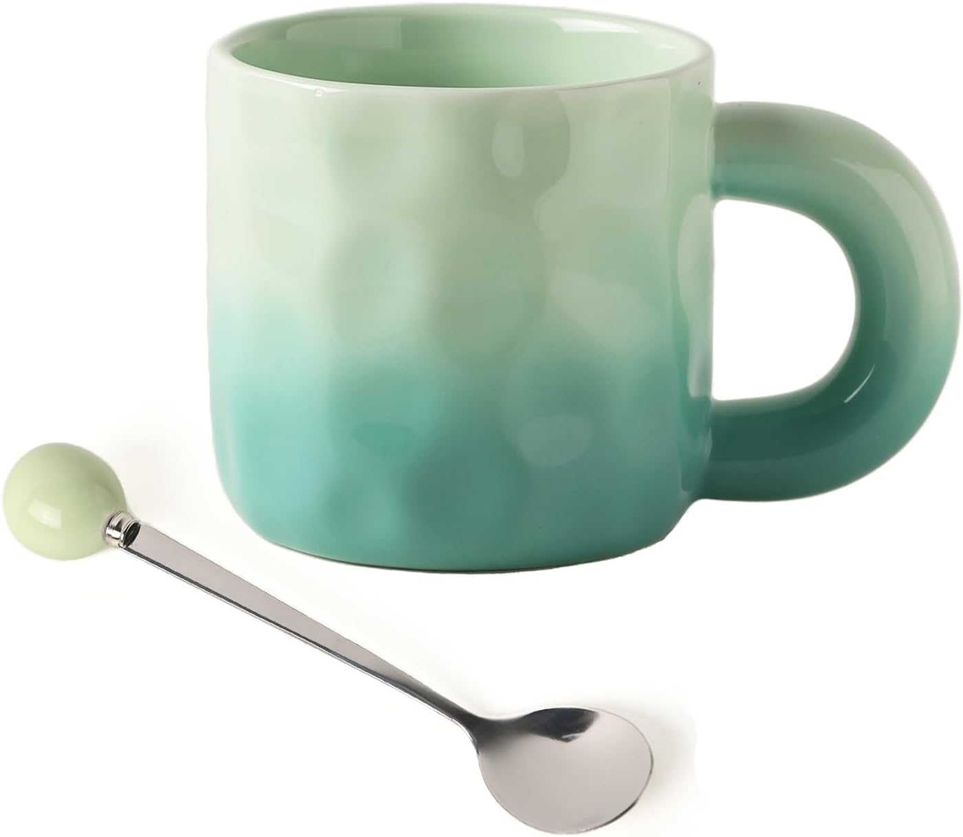 TREEWOO Creative Gradient Macaroon Color Ceramic Handmade Coffee Mug with Chubby Handle and Spoon Cute Breakfast Coffee Milk Cup for Family Friend (Green)