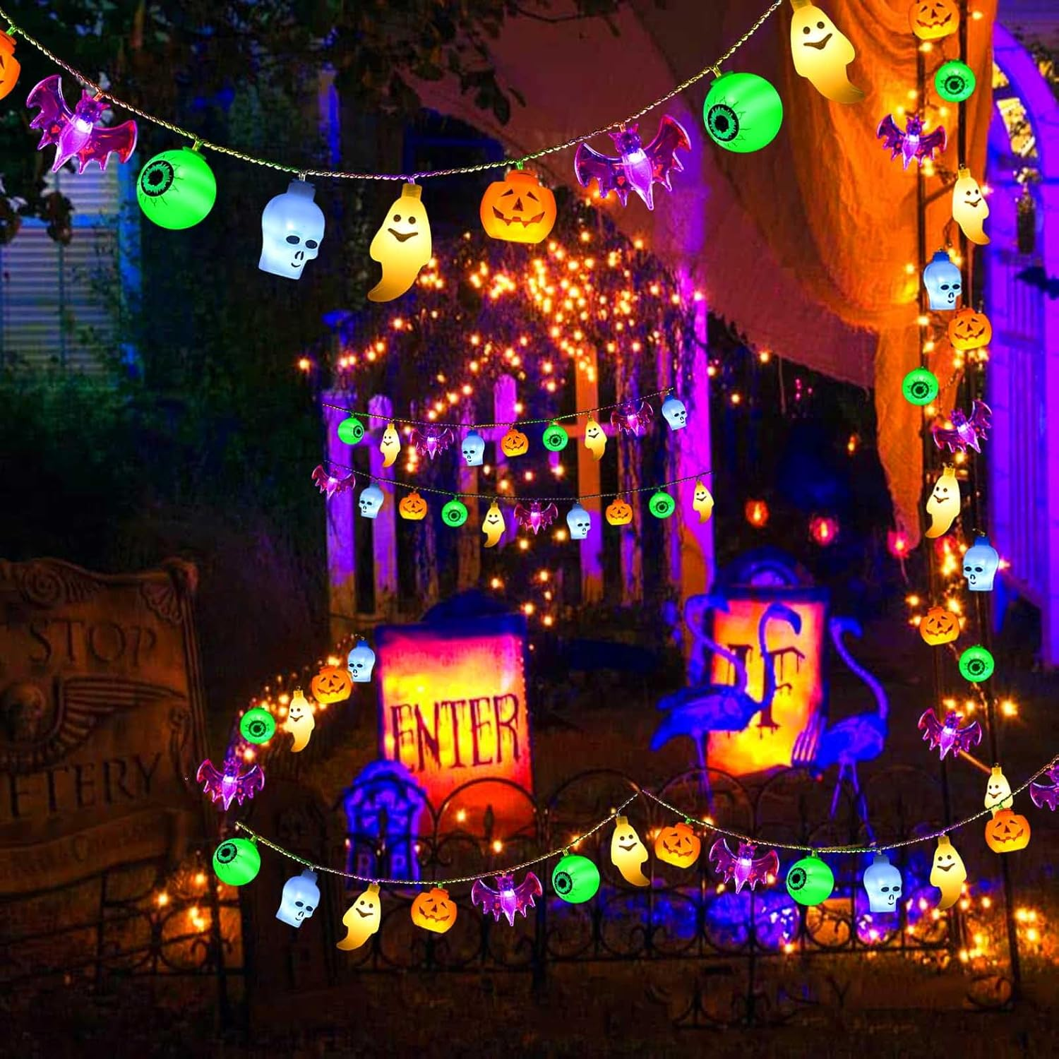 2024 Newset 5-IN-1 Solar Halloween String Lights for Outdoor Decor, Spooky Skull Bat Ghost Eyeball Pumpkin Lights for Halloween outside Window Door Golf Cart Camper Balcony Porch Railing Decorations image number 1