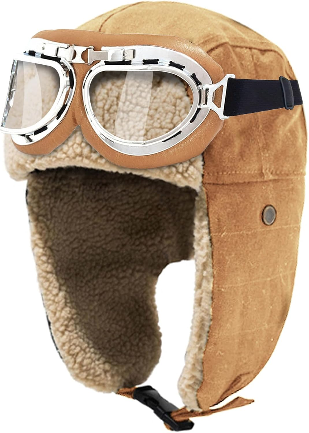 Peicees Vintage Aviator Hat and Goggles Costume Accessories Winter Snowboard Fur Ear Flaps Trooper Trapper Pilot Cap Motorcycle Goggles for Men Women Kids Youth