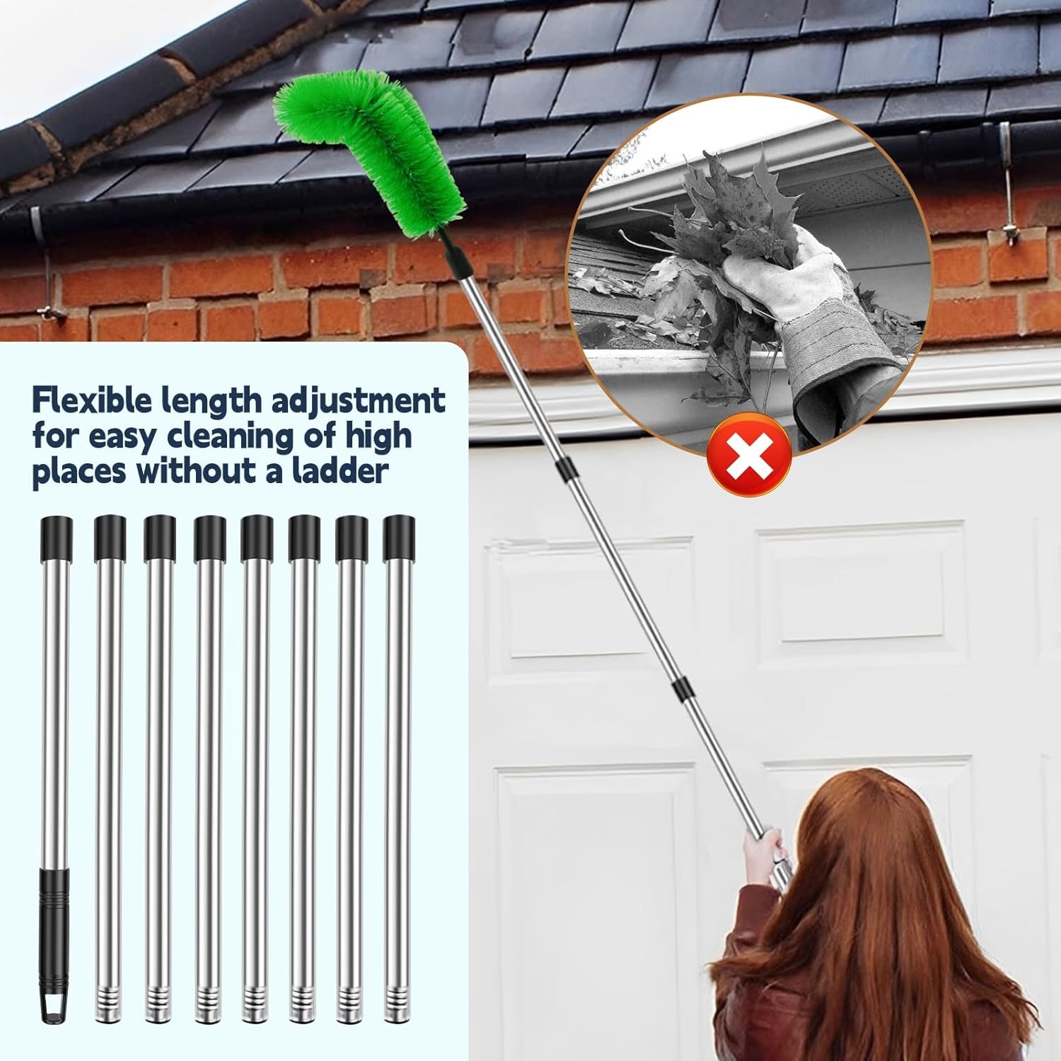 Gutter Cleaning Tools 10.5FT Long Gutter Cleaning Brush Telescopic Gutter Cleaner Tool Roofing Guard Cleaner Tool Gutter Guard Cleaning Brush for Cleaning Leaves Debris Window (Green) image number 6