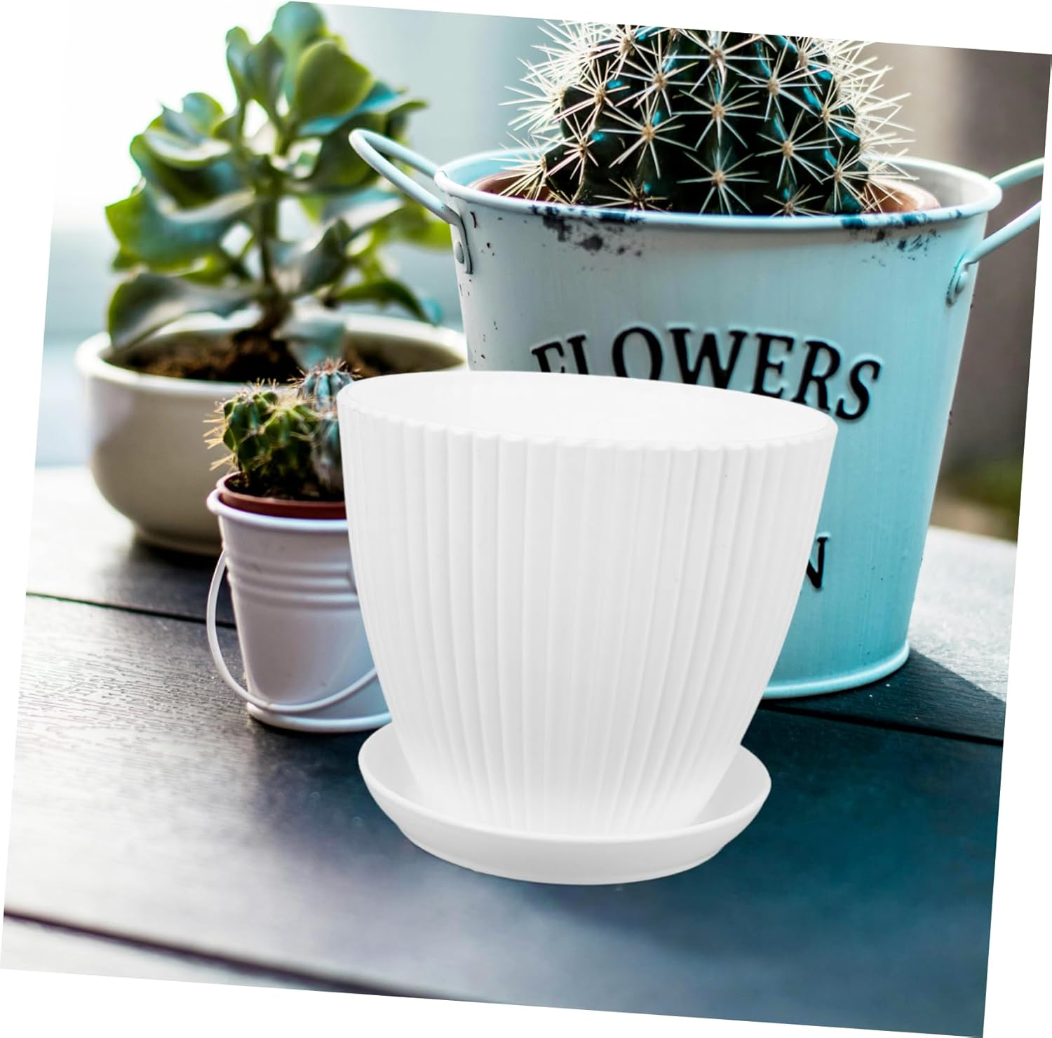 5Pcs White Vertical Striped with Drainage Holes for Indoor and Cacti Reusable Pots for Plants Sustainable Gardening image number 5