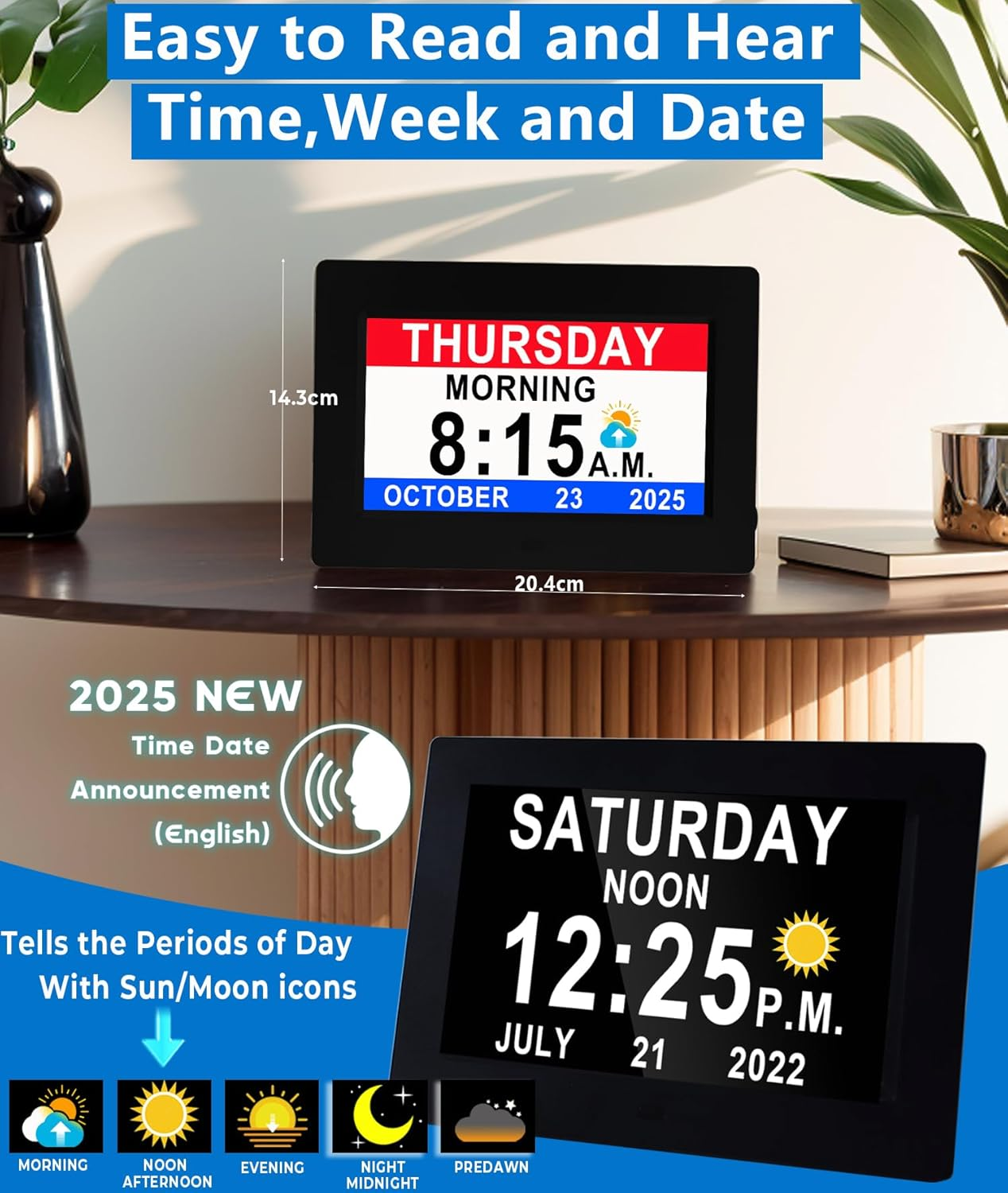 Newest, 19 Alarms Digital Talking Clock with Loud Voice Time Date, Auto DST, 20 Custom Reminders, 10-Level Dimmer, Sleep Trainer, Speaking Day Date Calendar Clock for Seniors Dementia- with Remote - White image number 6