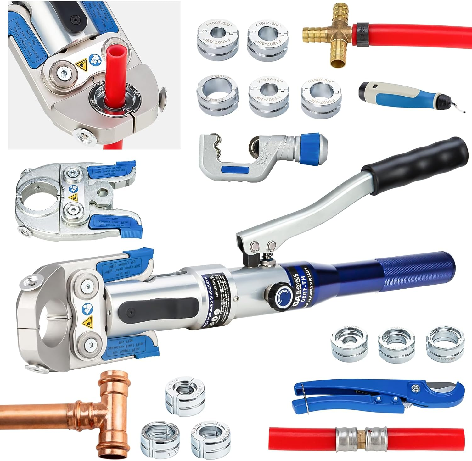 IBOSAD Hydraulic Copper Pipe Tube Fittings Crimping Tool with 30&deg; Angle Jaw - 1/2, 3/4, 1" Die for Copper and F877 Stainless PEX Press Sleeves, 3/8" to 1" Die for F1807 PEX Ring image number 3