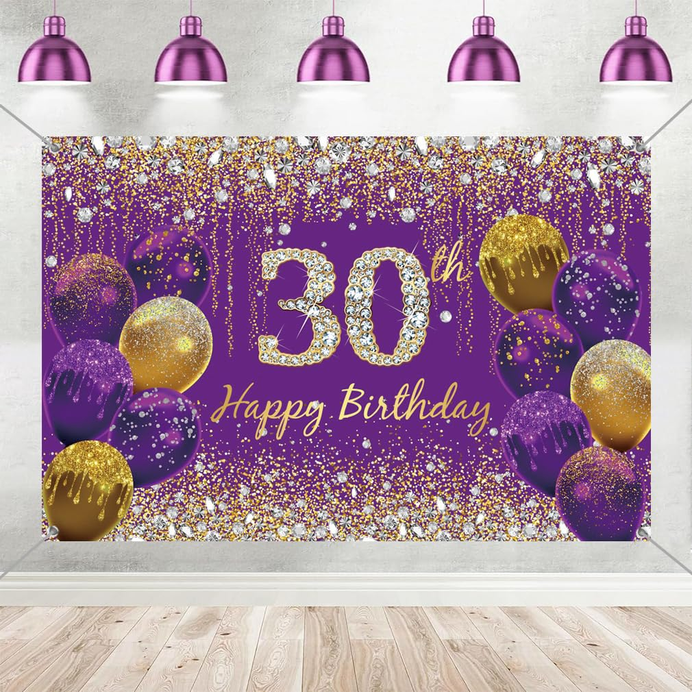 30Th Birthday Decoration Women, Purple Fabric Happy Birthday Sign Poster, Birthday Party Decoration, 30Th Birthday Background Banner Women, 30Th Birthday Party Backdrop, 59''X35.4'' image number 2