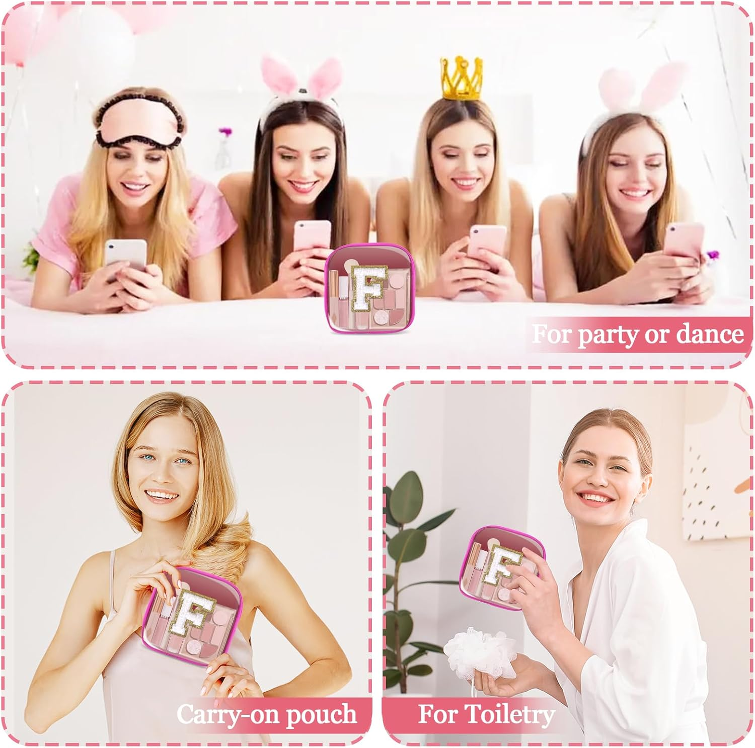 Mini Clear Personalized Initial Makeup Bag, Nylon Preppy A-Z Chenille Letter Patch Zipper Cosmetic Bag, Small Cute Pouch Travel Coin Purse Toiletry Bag, Mini-Hotpink, F image number 2