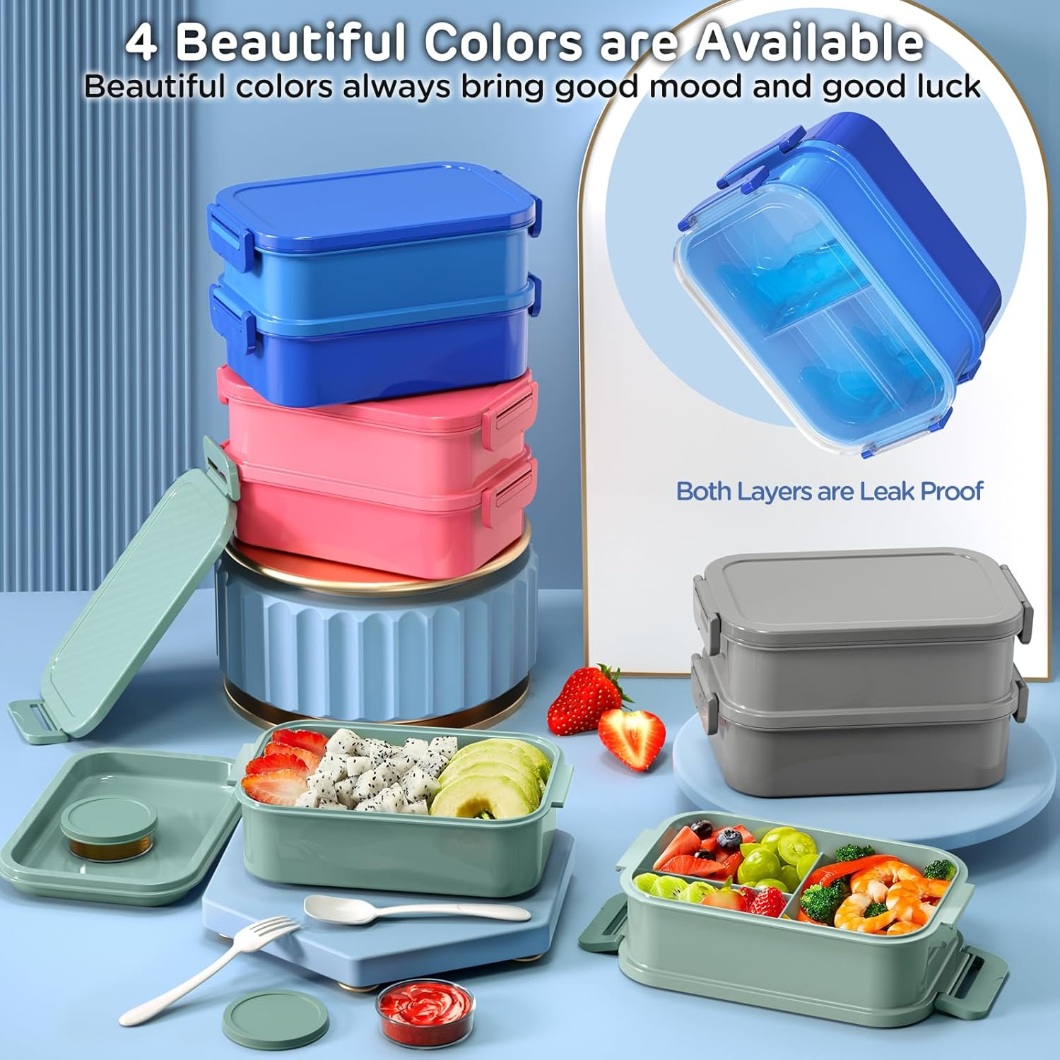Dacool Bento Box Adults Lunch Container - 74 OZ Stackable Leakproof Bento Lunch Box for Adults Men Boys Teens Large Lunch Box Containers with Fork Spoon Sauce Boxes for Work School Dining Out, Blue - 1-Morandi-Green image number 4