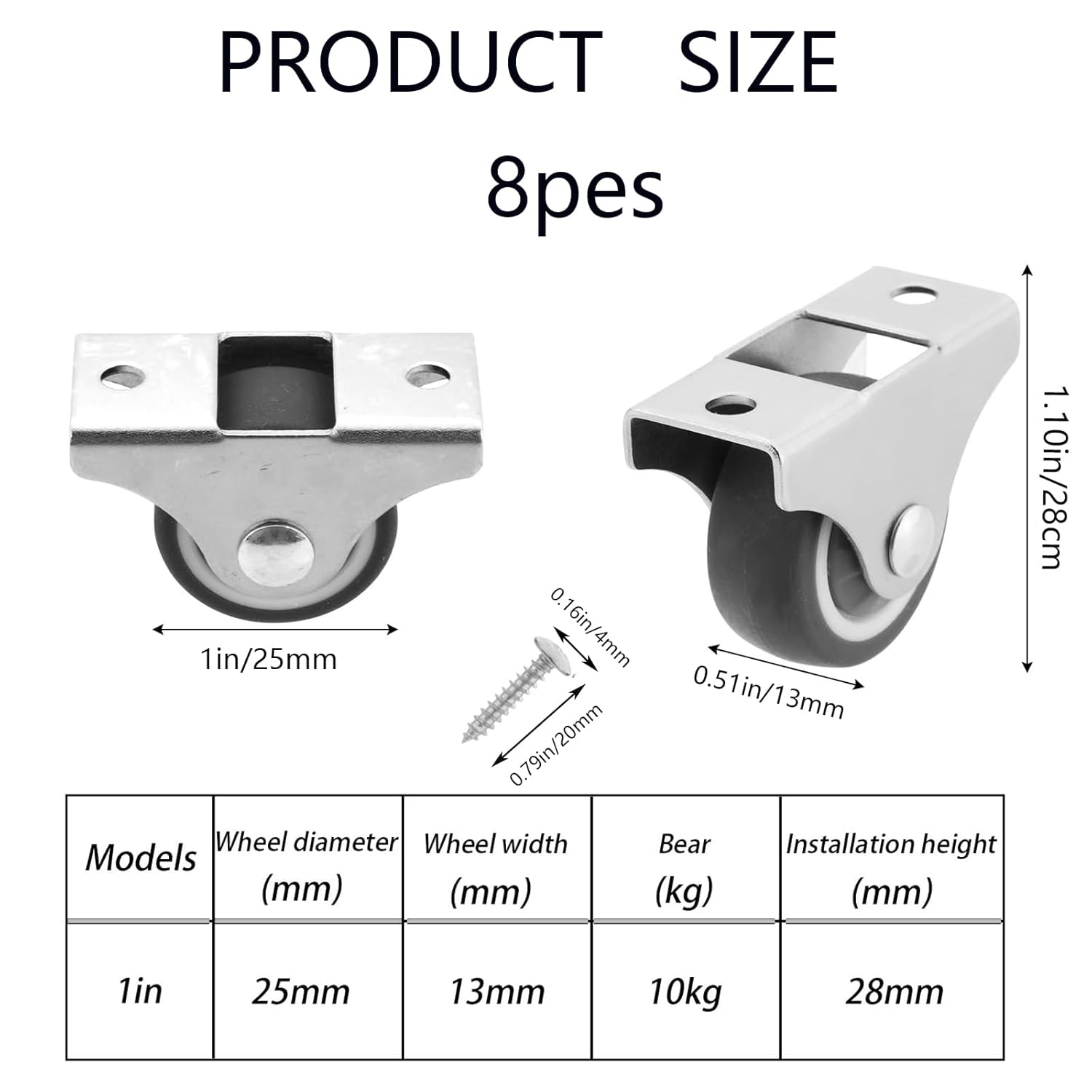 MYTOAU 8Pcs 1 Inch Low Profile Rubber Non Swivel Silent Ball Bearing Furniture Caster Wheels image number 3