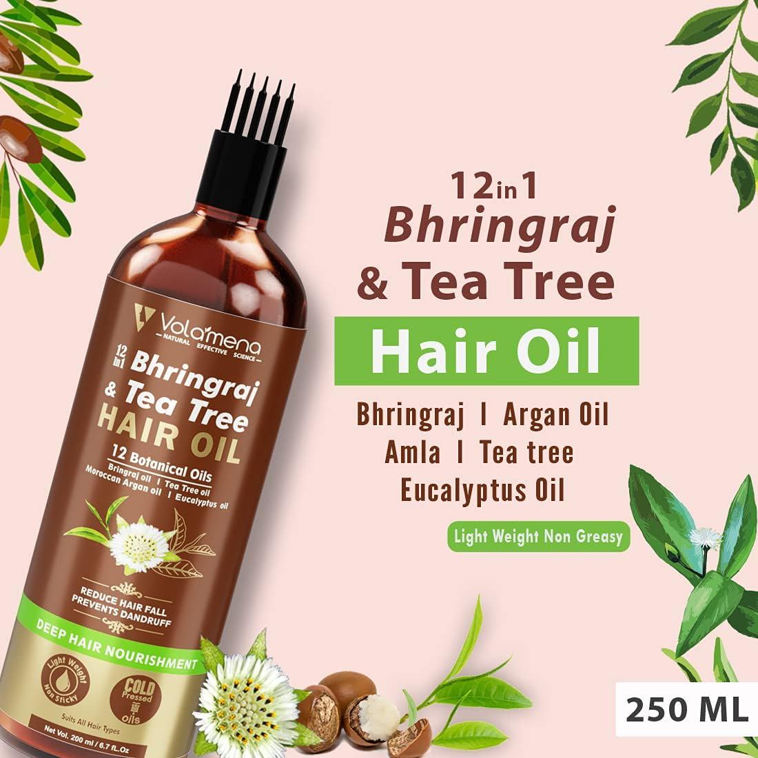 VOLAMENA with DEVICE 12 in 1 Bhringraj & Tea Tree Botanical Cold Pressed Hair Oil 200 Ml image number 1