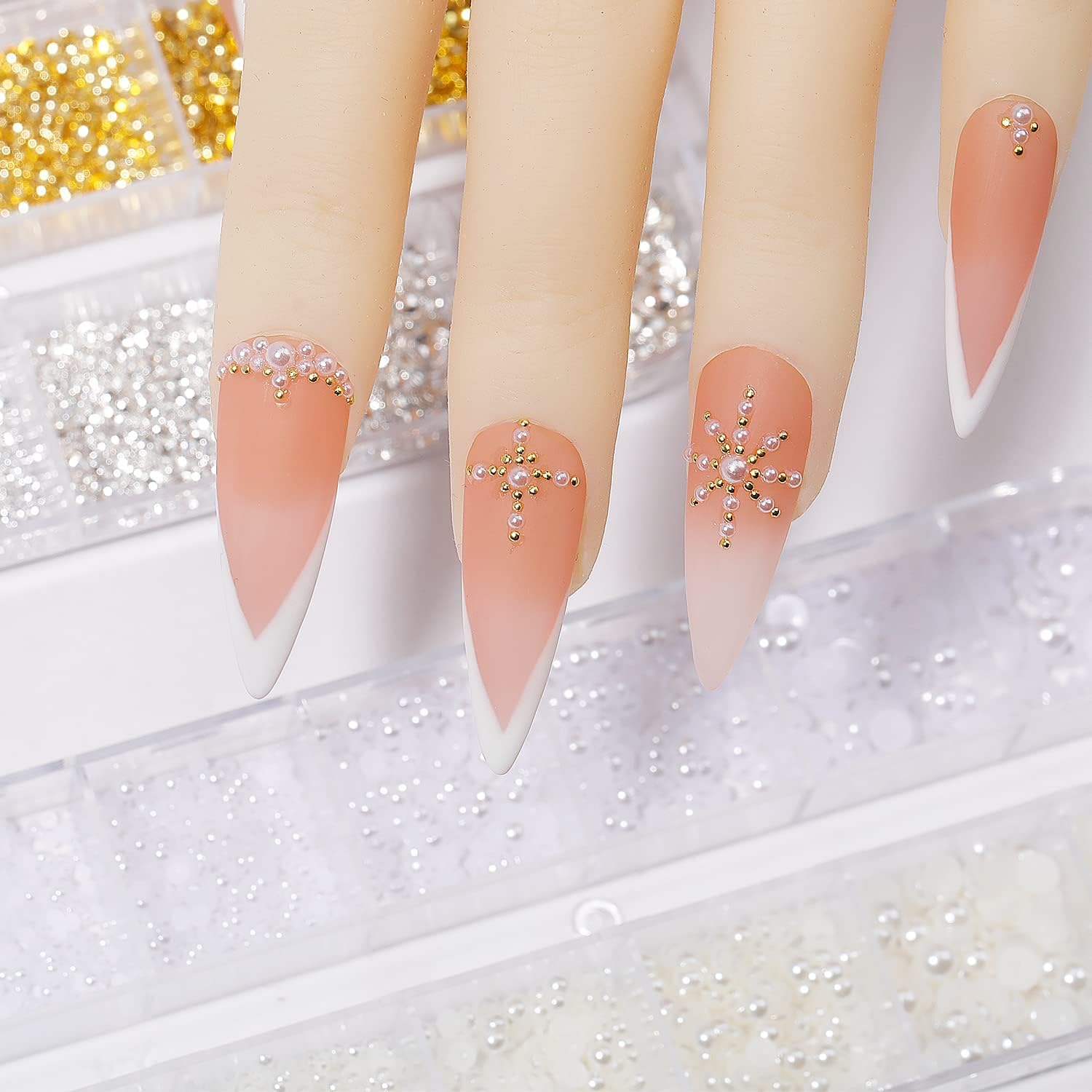 HNUIX Nail Art Charms - Metal Silver & Gold Beads, Flat Back round Rhinestones, Small Nail Pearls, 3D Mixed Sizes Decorations for Nails image number 4