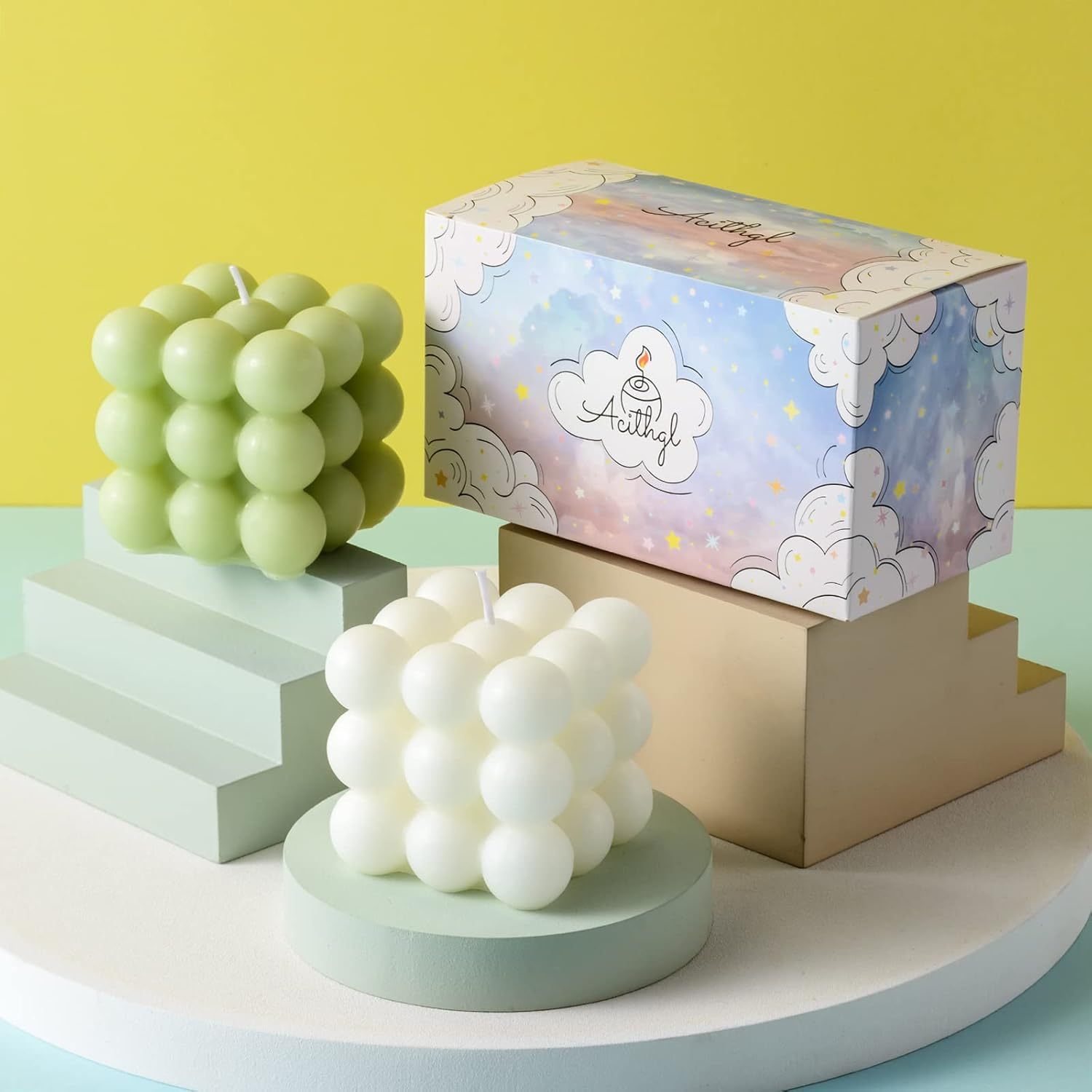 ACITHGL Bubble Candle - Cube Soy Wax Candles, Home Decor Candle, Scented Candle Set 2 Pieces, Home Use and Gifting (White+Green)