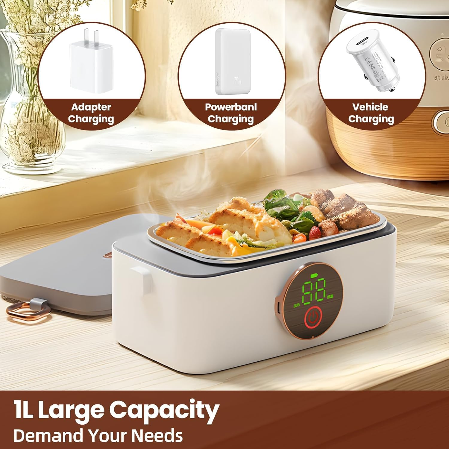 ◉ Cordless Electric Lunch Box - 1L Rechargeable Self Heated Lunch Box, Food Warmer Lunch Box with Scheduled Heating for Car, Work, Travel, and Office | Lunchbox | Luncheaze image number 4