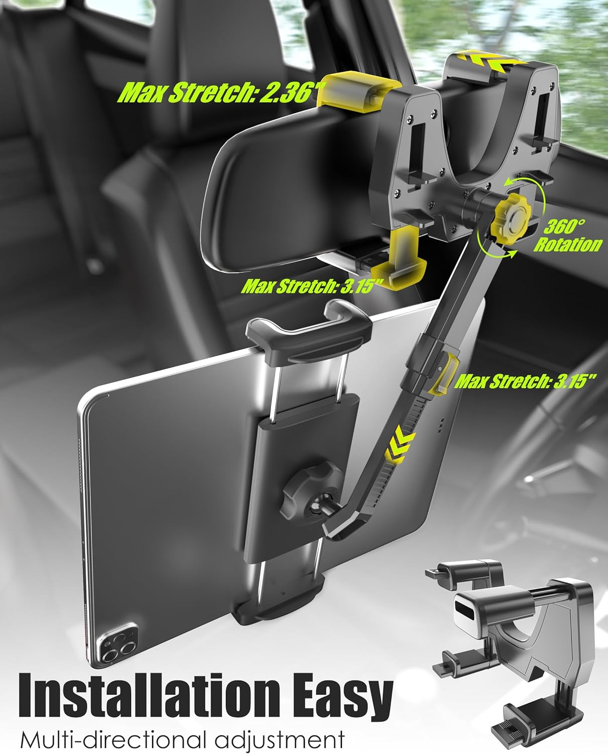 Wukanelng Car Rear View Mirror Tablet Phone Mount with 4 Clips, Sturdy & Durable Rearview Mirror Phone Mount with 7.3" Adjustable Arm Fits 4.7-13" Ipad Pro/Air/Mini, Iphone 16 15, Galaxy Z Fold image number 2