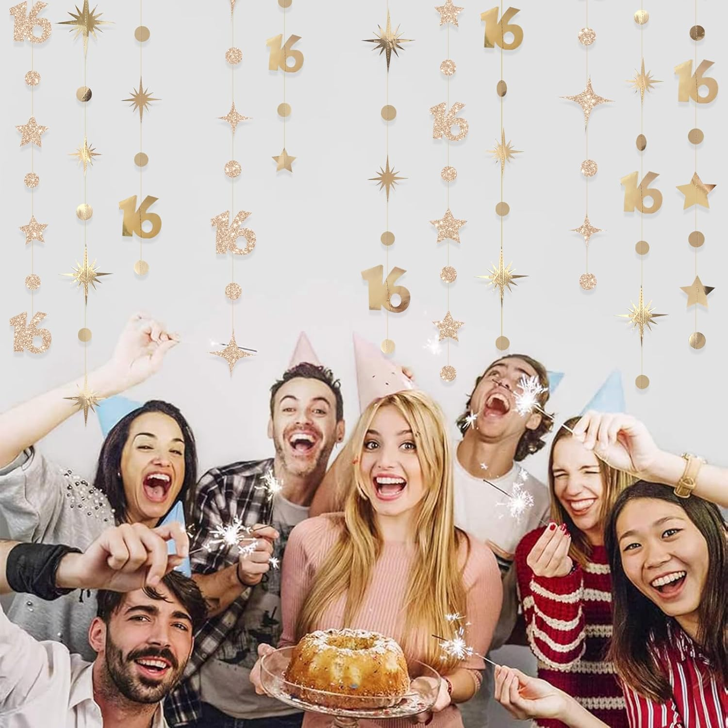 Champagne Gold 16Th Circle Dot Star Garland Streamer Champagne Gold Metallic Glitter Paper Number 16 Hanging Banner for Sweet 16 Years Old Sixteen Birthday 16Th Anniversary Party Decorations Supplies image number 1