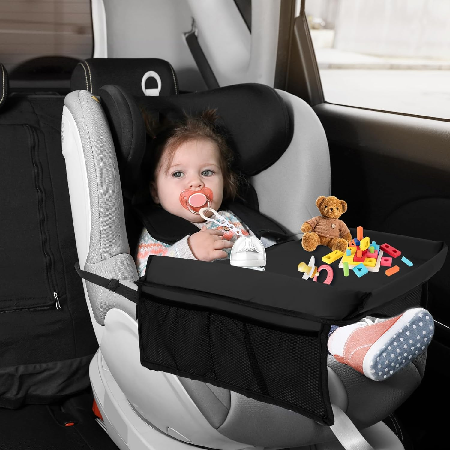 Kid Travel Tray Foldable Kid Car Tray Toddler Car Seat Tray with Adjustable Shoulder Strap and Pocket 15.7&times;12.6&times;7.87 Inch Car Lap Tray Practical Car Seat Table Tray for Kids Travel Airplane O image number 3