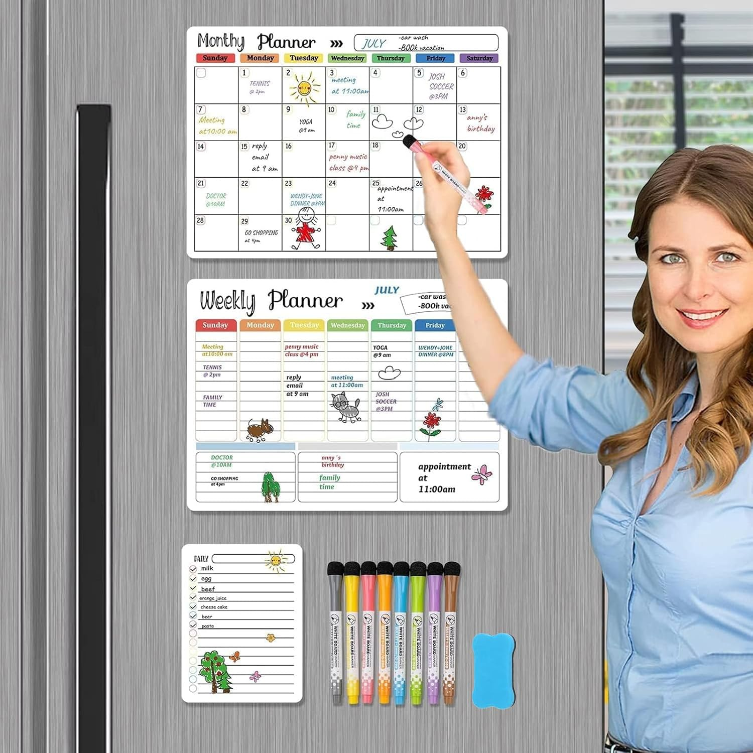 3Pcs Dry Erase Magnetic Calendar for Refrigerator, Monthly & Weekly & Daily Planner Board,With 8 Markers and Eraser for Fridge Wall Door - Shopping, Meal/Menu, to Do List, Family Schedule Plan Board