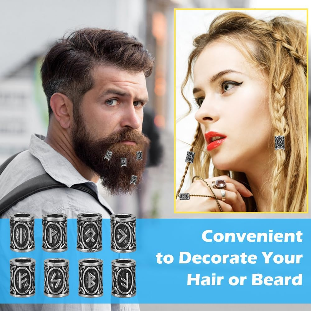 DECARETA Beard Beads for Men,24 Piece Vikings Runes Beads Norse Dreadlock Beads Hair Tube Beads with Rubber Bands,Plastic Bun Curler Pull Hair Pin Quick Beader with Pouch for Men Women Braiding Ties, image number 6