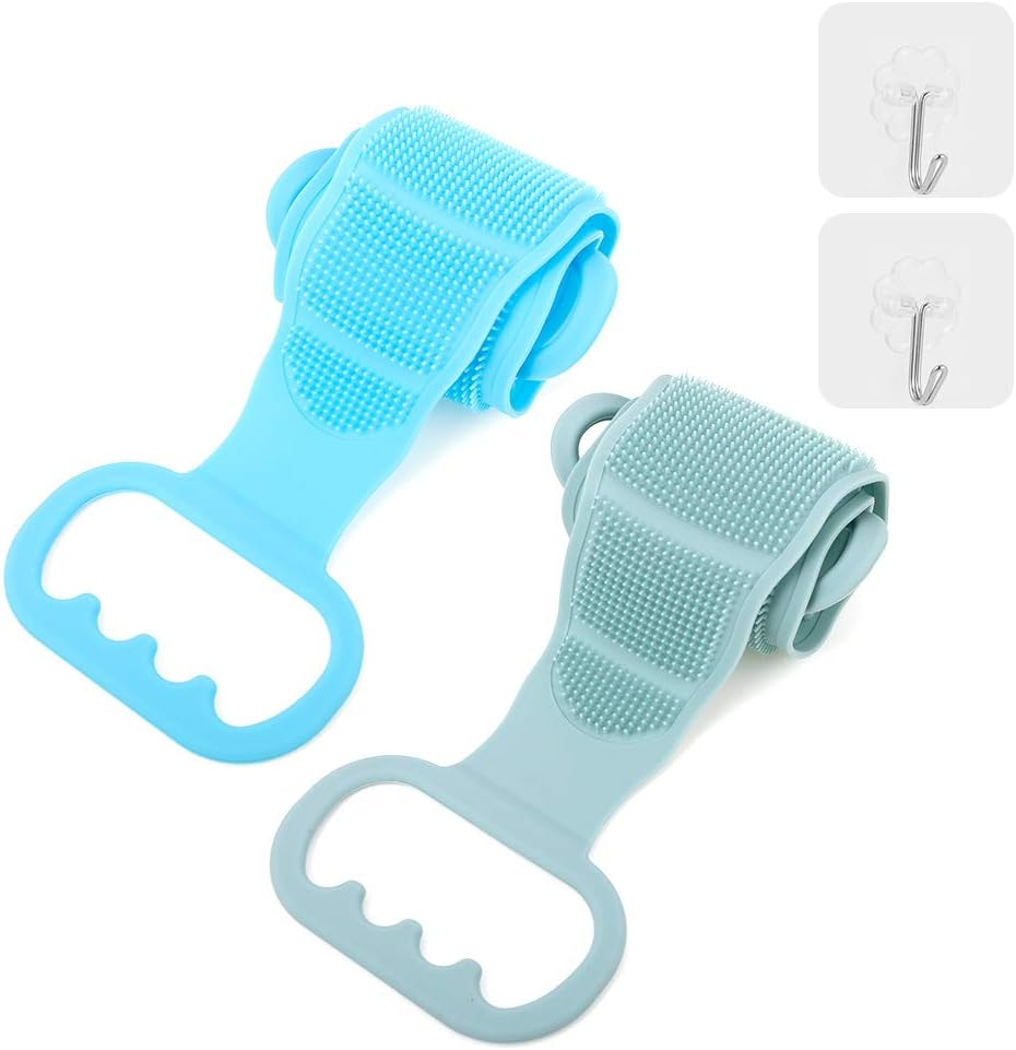 Baring 2 Pieces Silicone Back Scrubber Bath Body Brush Shower Brush Exfoliating Skin Massage Scrubber and 2 Pieces Transparent Adhesive Hooks, Blue and Green image number 1