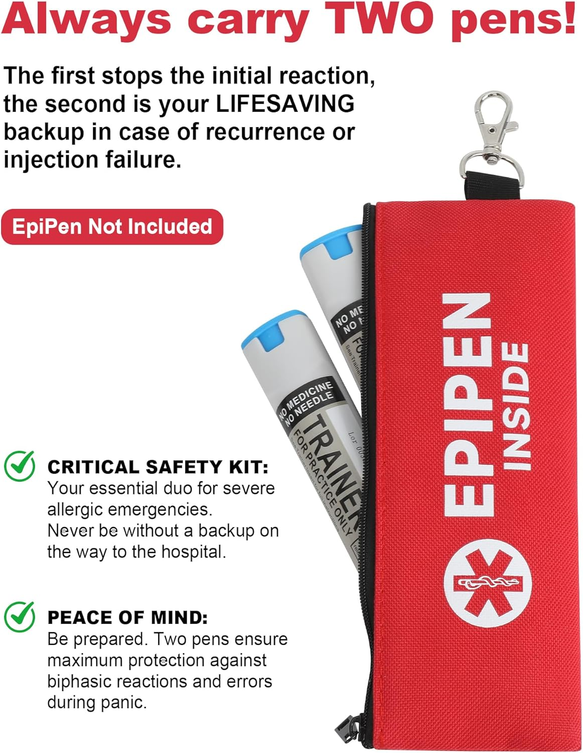 YOUSHARES 2Pack Epipen Carry Case for 2 Epipens Insulated, Portable Epipen Holder Bag with Carabiner, Waterproof Travel Epipen Case for Allergies, Asthma, Sports & Outdoor Emergencies(Red) image number 4