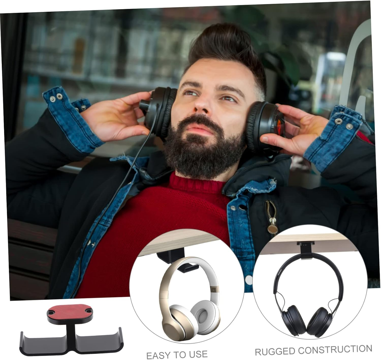 STOBOK under Desk Headphone Stand Dual Headset Hook with Rugged Construction Adhesive Screw Fixing for Home Office and Internet Cafes Space Saving Design image number 4