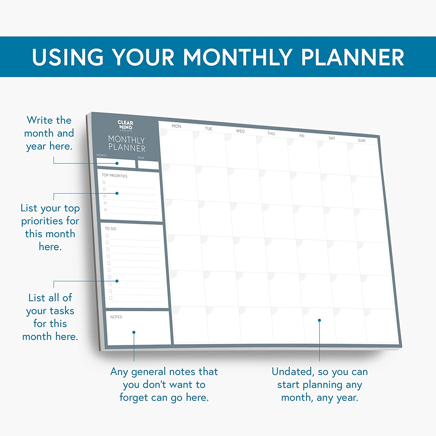 Monthly Planner Desk Pad by Clear Mind Concepts&reg; &ndash; A3 Size - 24 Undated Tear off Sheets 160Gsm Thick Paper - to Do Checklist Notes for Home Business Office Study Productivity Planning and Organising image number 3