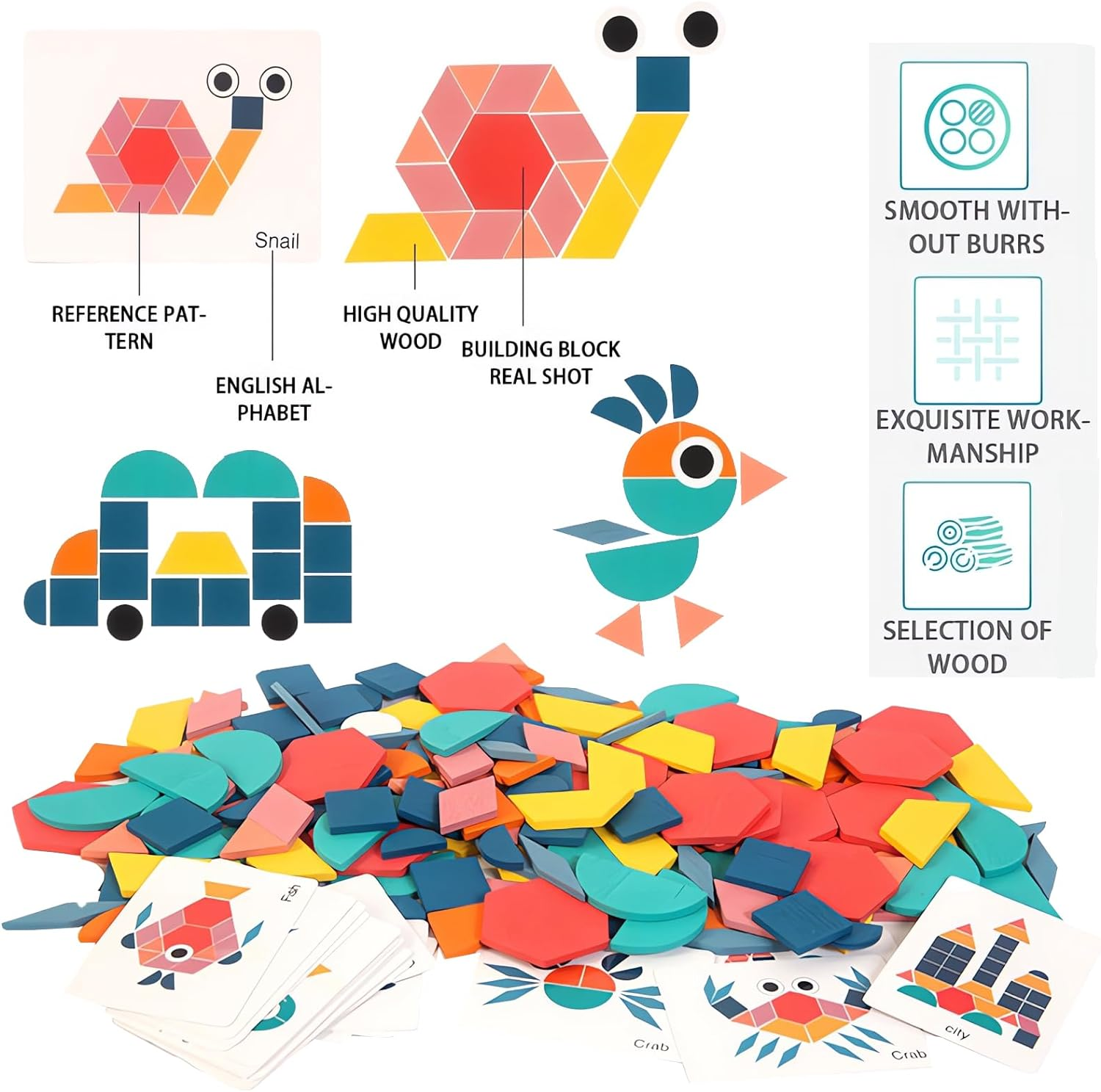 180 Pcs Wooden Pattern Blocks, Tangram Puzzles for Kids Ages 4-8, Montessori Toys Geometric Shapes Puzzle Set with Activity Cards, Educational Learning Toys for Children image number 1