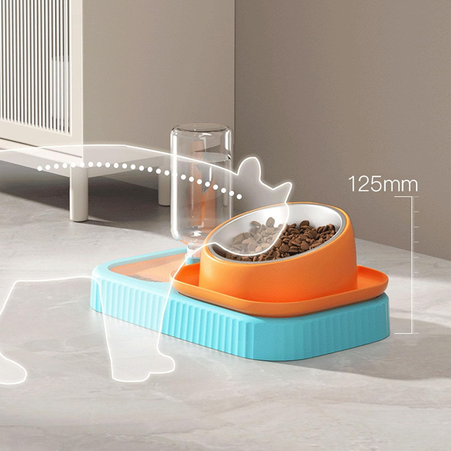 3 in 1 Dog Cat Bowls, Easy to Clean Slow Feeder Bowls Stainless Steel Food Bowl with Water Dispenser, Elevated Double Dog Cat Bowl Tilted Cat Food and Water Bowl Set for Small Dog Kitten Puppy