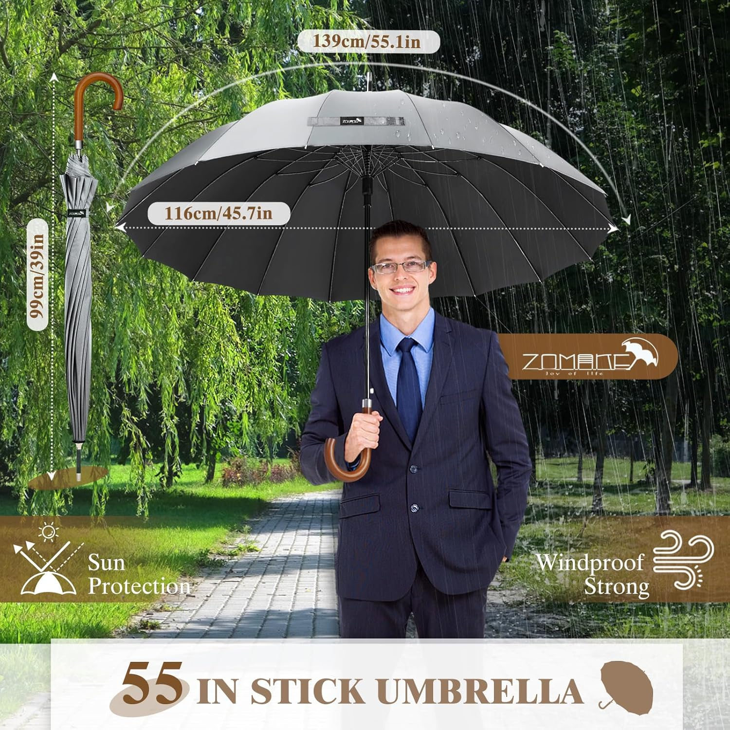 ZOMAKE Large Stick Golf Umbrella with Wood Hook Handle 16 Ribs - Automatic Open Classic Umbrellas Windproof Wooden Handle - Long Umbrella with J Hook,Curved Handle Umbrella Cane for Women Men - Purper image number 2