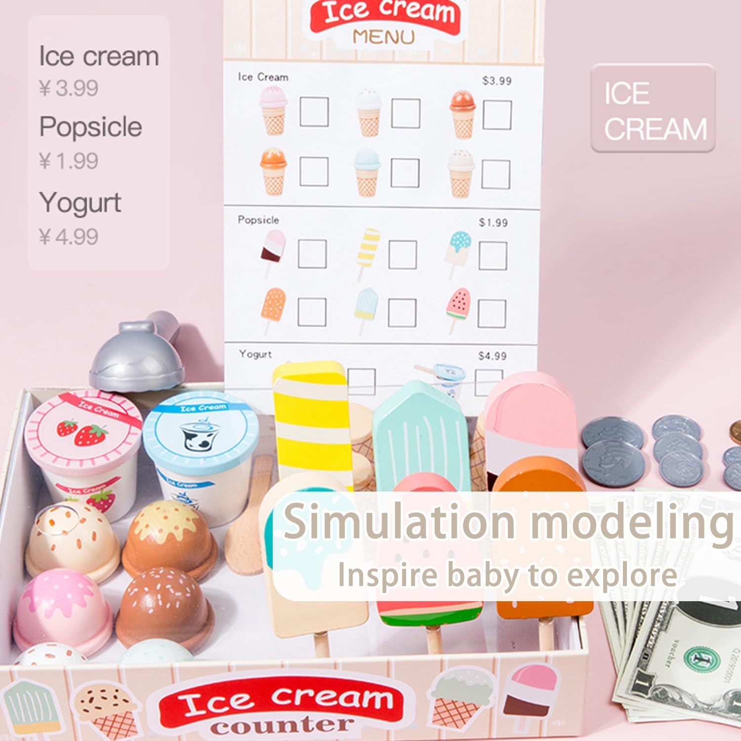 Uandhome Ice Cream Toy,Wooden Ice Cream Toys for Kids Toddlers, Pretend Play Kitchen Food Toys, Ice Cream Counter Shop Playset for Kids, Kids Ice Cream Cart, Toys for 3 4 5 6 7 8 Year Old Girls Boys image number 2