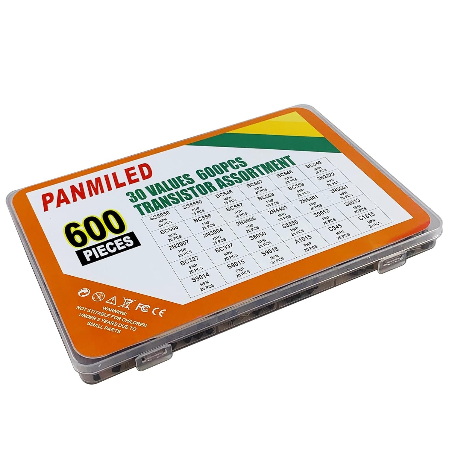 PANMILED 30 Values 600 Pieces Transistor Assortment Kit 2N2222 2N2907 2N3904 2N3906 2N5401 2N5551 S8050 S8550 S9012 S9013 S9014 S9015 A1015 C1815 C945 BC327 BC337 BC547 BC550 BC557 PNP NPN TO-92 image number 5