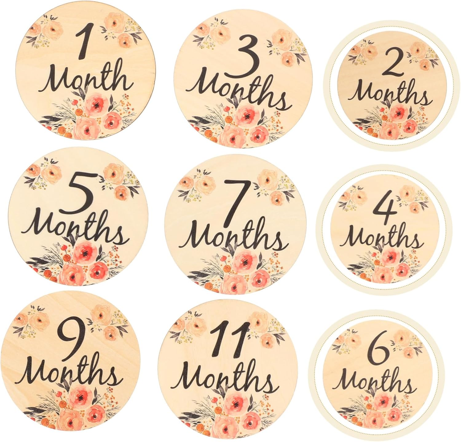 VANZACK 6 Pcs Wooden Monthly Milestone Cards Double Sided Flower Pattern Photo Props Newborn Growth Sign for Photography and Keepsake image number 5