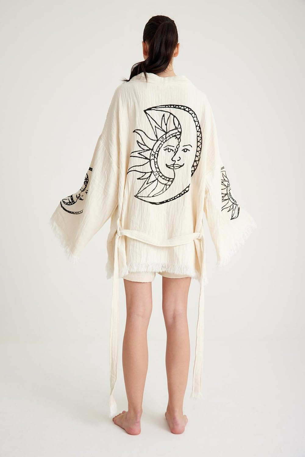 Barooga Beach Kimono Short Kaftan for Women &ndash; 100% Cotton Boho Cardigan, Open Front Kimono Robe, Sun & Moon Embroidered Beach Cover-Up, Spa Morning Robe, Bikini Swimsuit Cover-Up &ndash; Beige, One Size image number 2