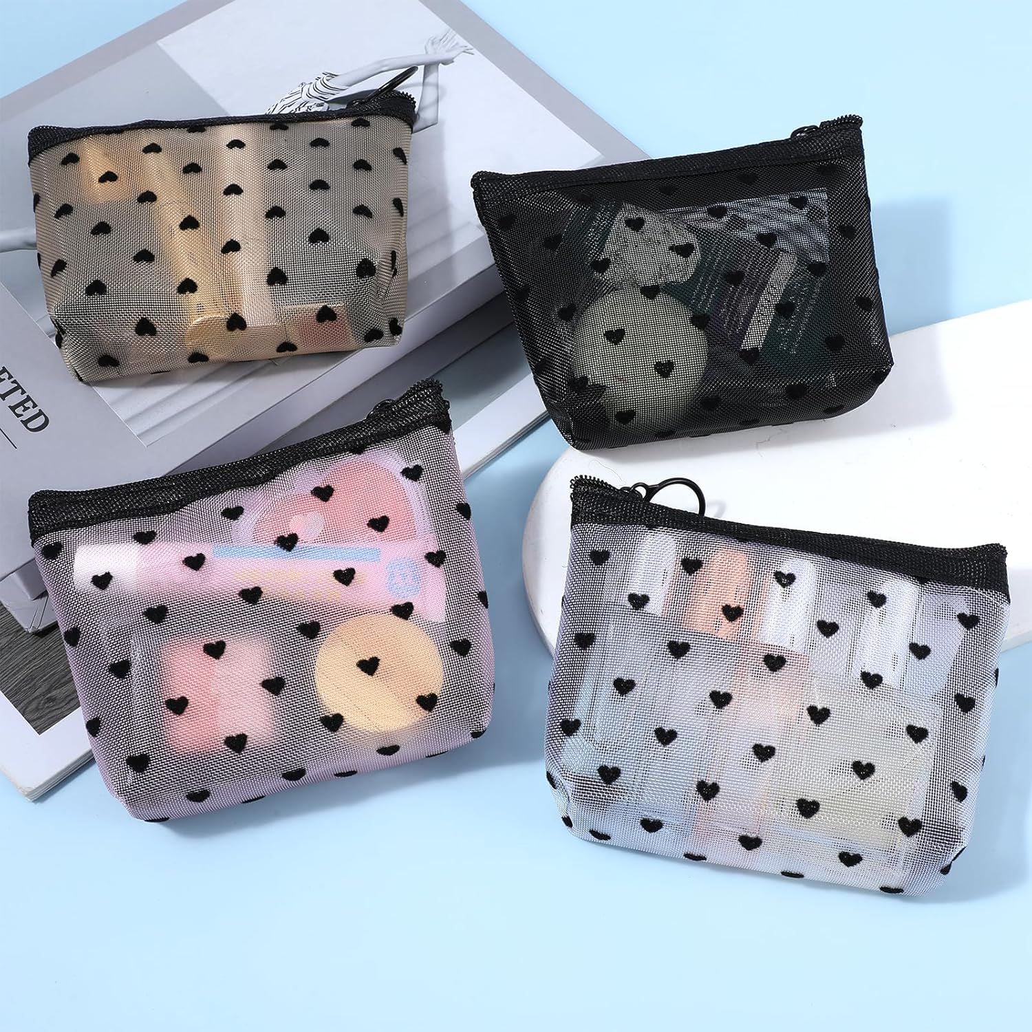 Guduling 4Pcs Mesh Makeup Bag with Zipper, Mini Mesh Pouch, Grid Cosmetic Bag, Heart Print Mini Zipper Cosmetic Bags for Travel and Storage (Pink, Beige, Black, White) image number 6