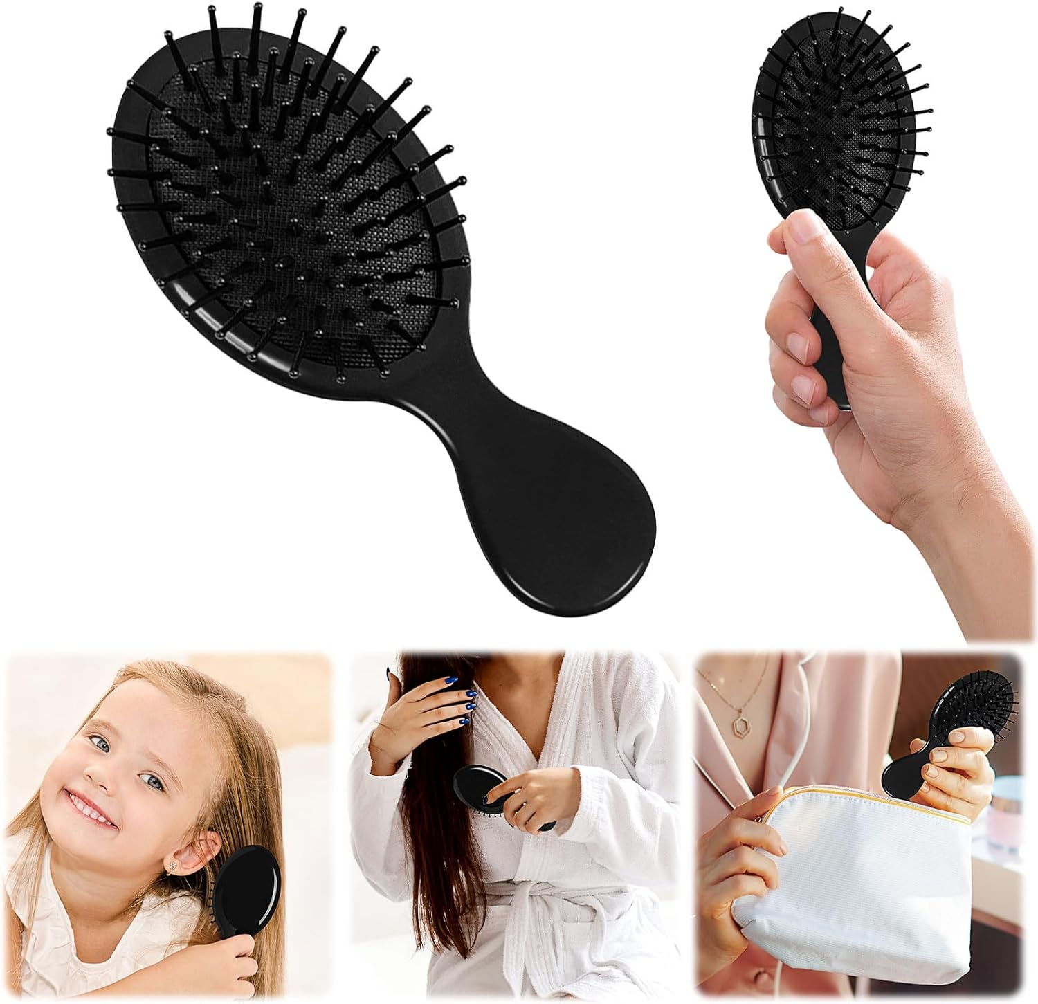 2P Mini Hair Brush,Brush Squirt Detangling Brush,Mini Detangler Brush, No Tangle Ultra-Soft Intelliflex Bristles,With Ease Knots without Tears or Breakage (Bright Black)