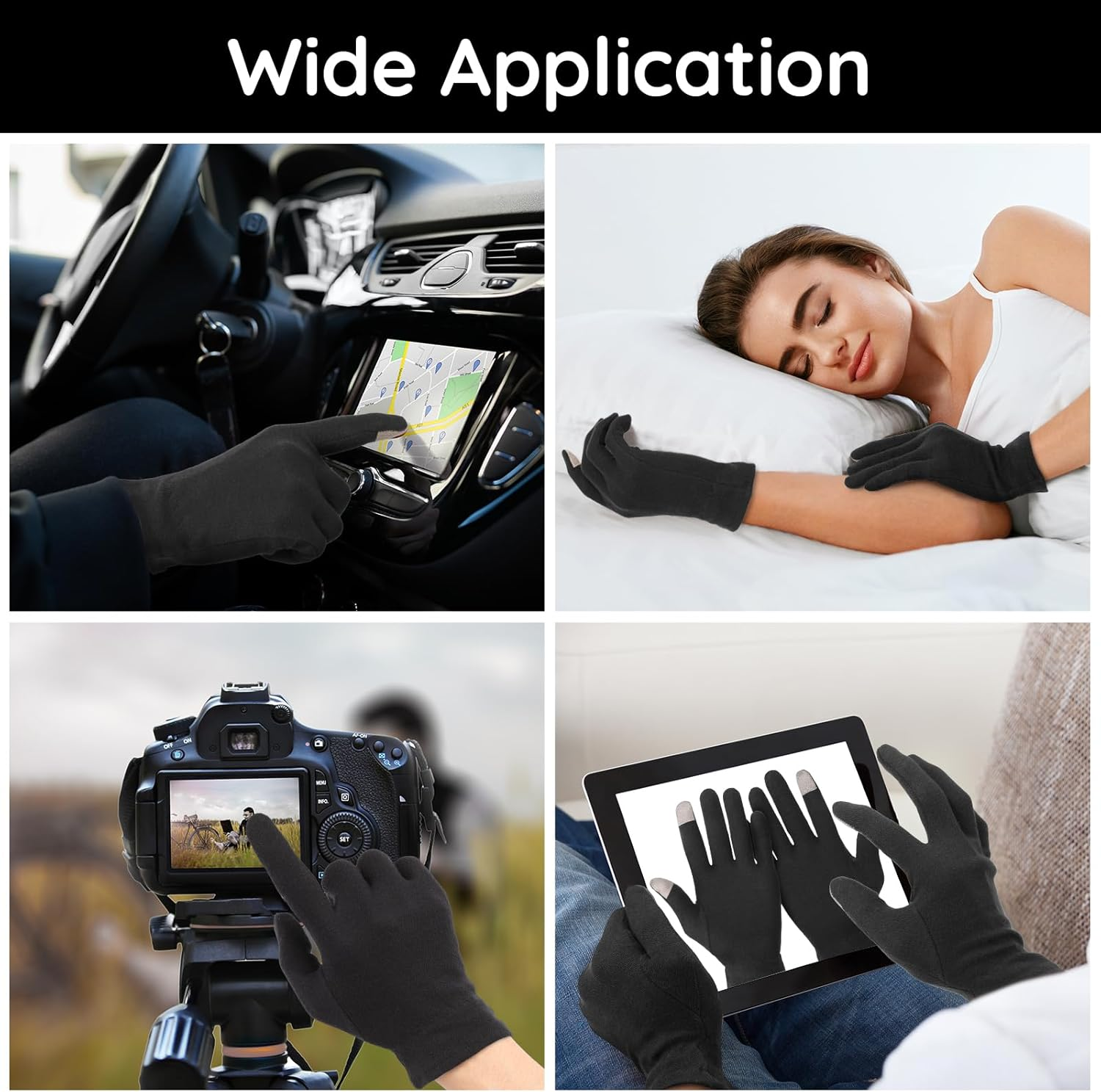 Segbeauty 8 Counts Black Cotton Gloves Touchscreen for Women and Men, 4 Pairs Hand Moisturizer Gloves with Elastic Band, Soft Sleeping Glove for Dry Hands Overnight, Spa Lotion Cotton Glove Liners image number 2