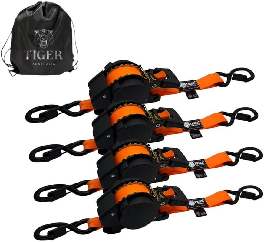 Tiger Australia Auto Slow-Retracting Design Ratchet Straps 4 Pack &ndash; 25Mm X 4.5M Tie down Straps, Upgraded to Stainless Steel Spring, S-Hooks & Storage Bag, for Trailers, Utes, Boats & Moving