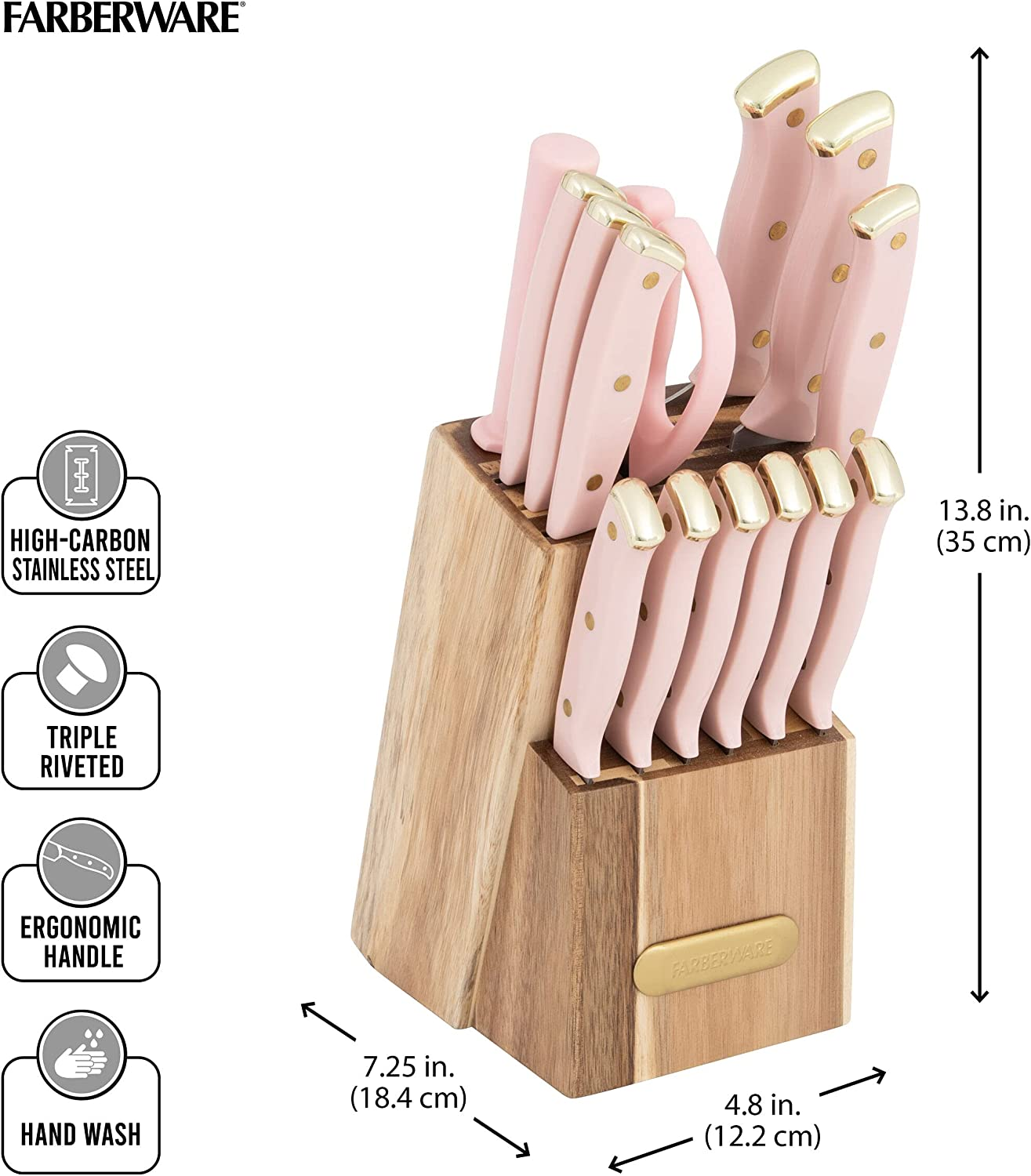 Farberware 15-Piece Triple Riveted Acacia Knife Block Set, High Carbon-Stainless Steel Kitchen Knives with Ergonomic Handles, Razor-Sharp Knife Set, Pink and Gold image number 2