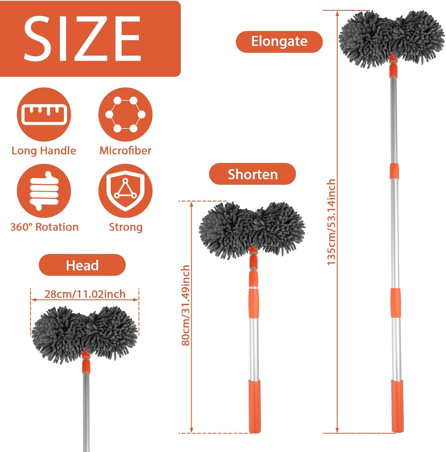 Fulasun Car Wash Mop Brush with Long Handle 360&deg; Rotating Retractable Detailing Absorbent Microfiber Soft Bristle Double Head Scratch-Free for Window Home Cleaning image number 2