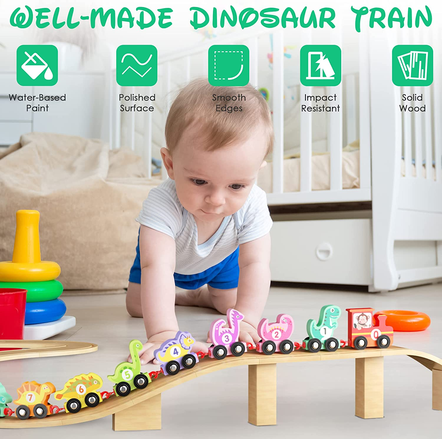 Dinosaur Toys for Toddlers Age 2-4, Wooden Dinosaur Train Set with Playmat/Storage Bag, Montessori Educational Toys for 2+ Years Old Boys & Girls image number 4