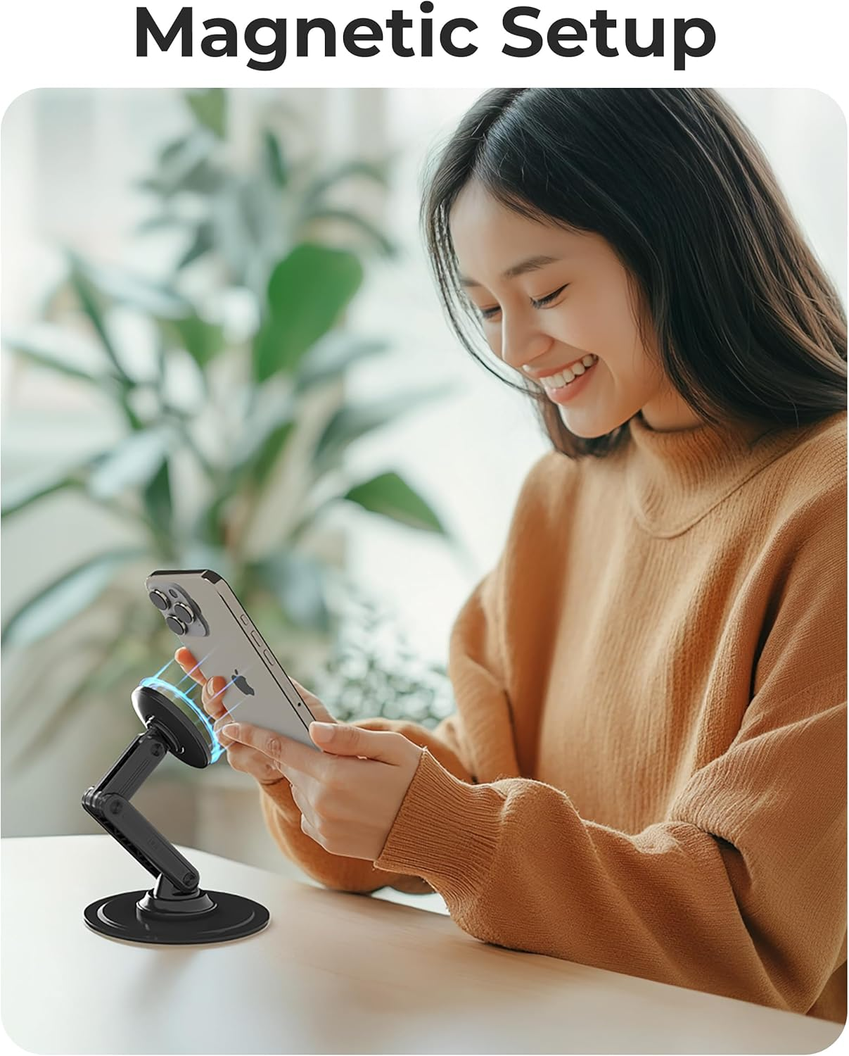 COOPER Mag360, Magnetic Phone Stand for Desk Compatible with Magsafe Phone Holder, 360&deg; Adjustable, Iphone Desk Stand for Iphone 17 Pro Max/16/15/14/13/12, Incl 1 Metal Ring for Other Phones - Black image number 5