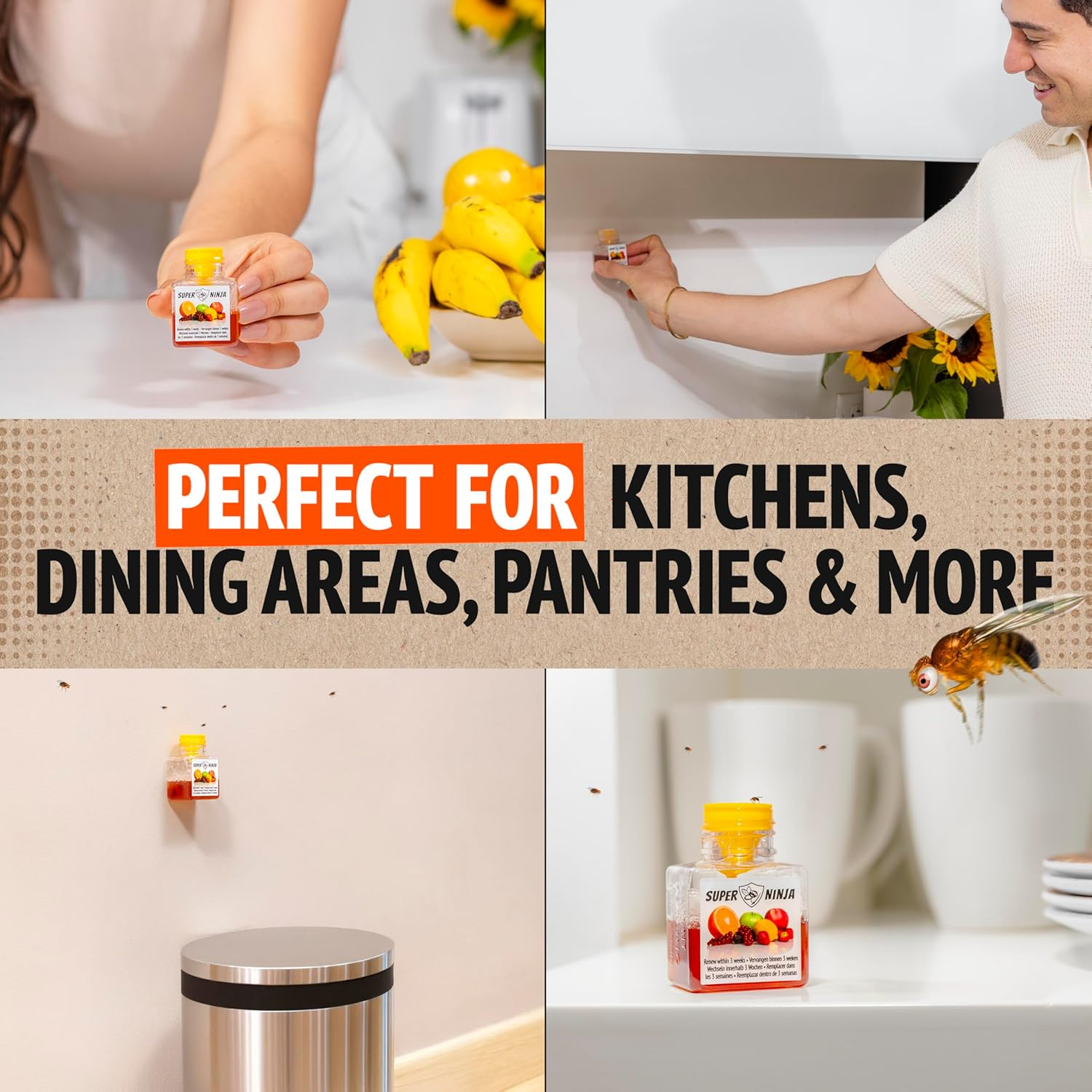 Super Ninja Fruit Fly Trap - 12 Pack, Highly Effective Fruit Fly Trap for Indoors, Home & Kitchen, up to 3 Weeks of Performance per Bottle, Kid & Pet Friendly image number 2