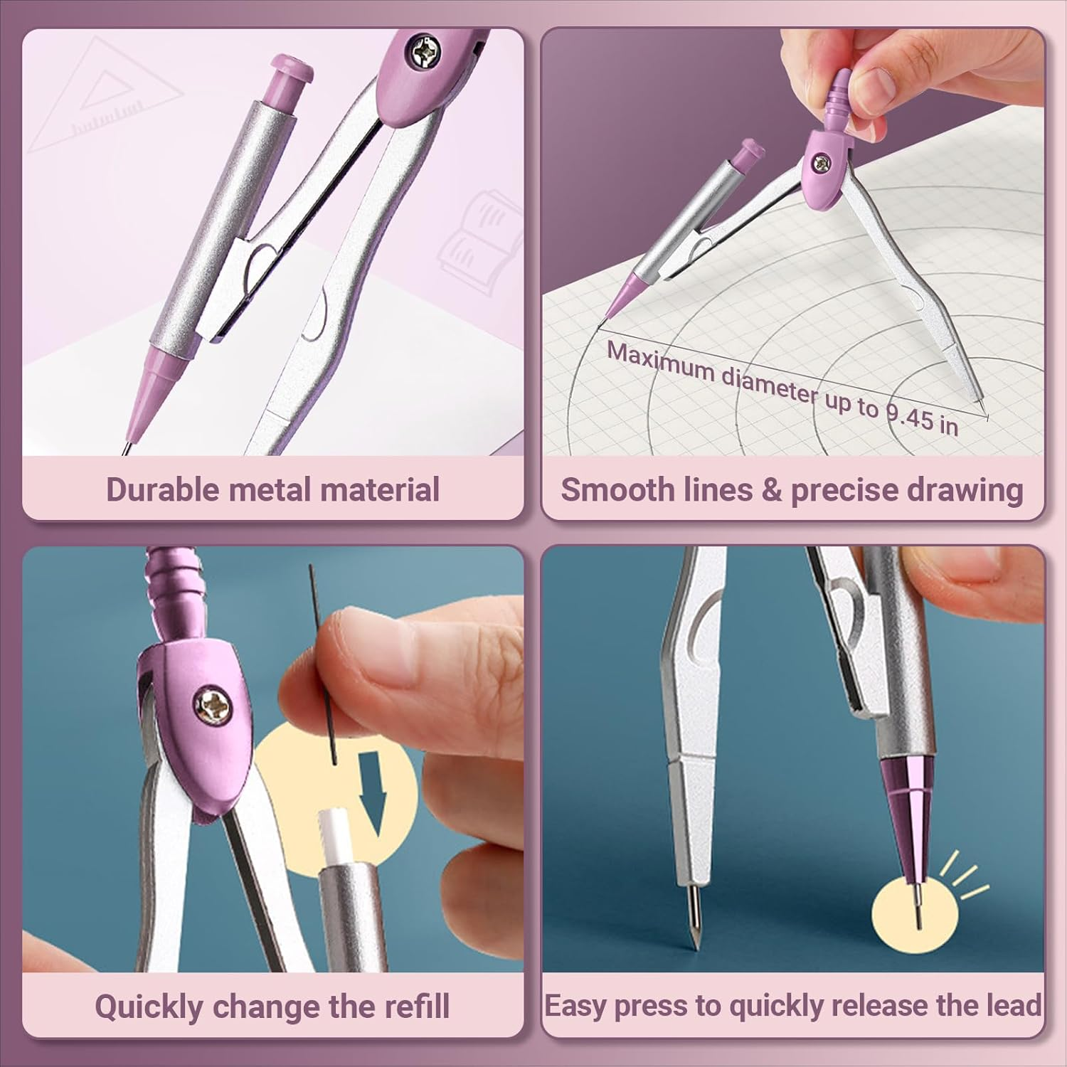 Compass Geometry Tool with Metal Box, 7 Pcs Assorted Math Set with Eraser & Refills, Protractor Ruler Kit for School, Class, Students (Pink)