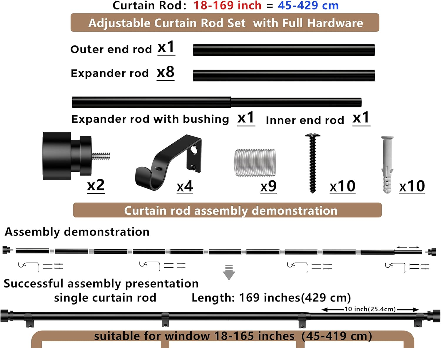 Curtain Rods 45-429 Cm, for Window 406 Cm, Adjustable Length Heavy Duty Decorative Finials Diameter 2.2 Cm,13 Ft, Black