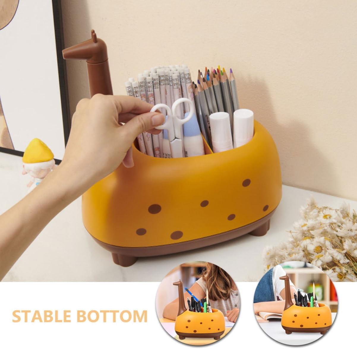 HYTROVE Cartoon Giraffe Pen Holder Desk Organizer Multiple Compartments for Classroom and Office Supplies Cute Storage for Pens and Stationery Adorable Kawaii Decor image number 3