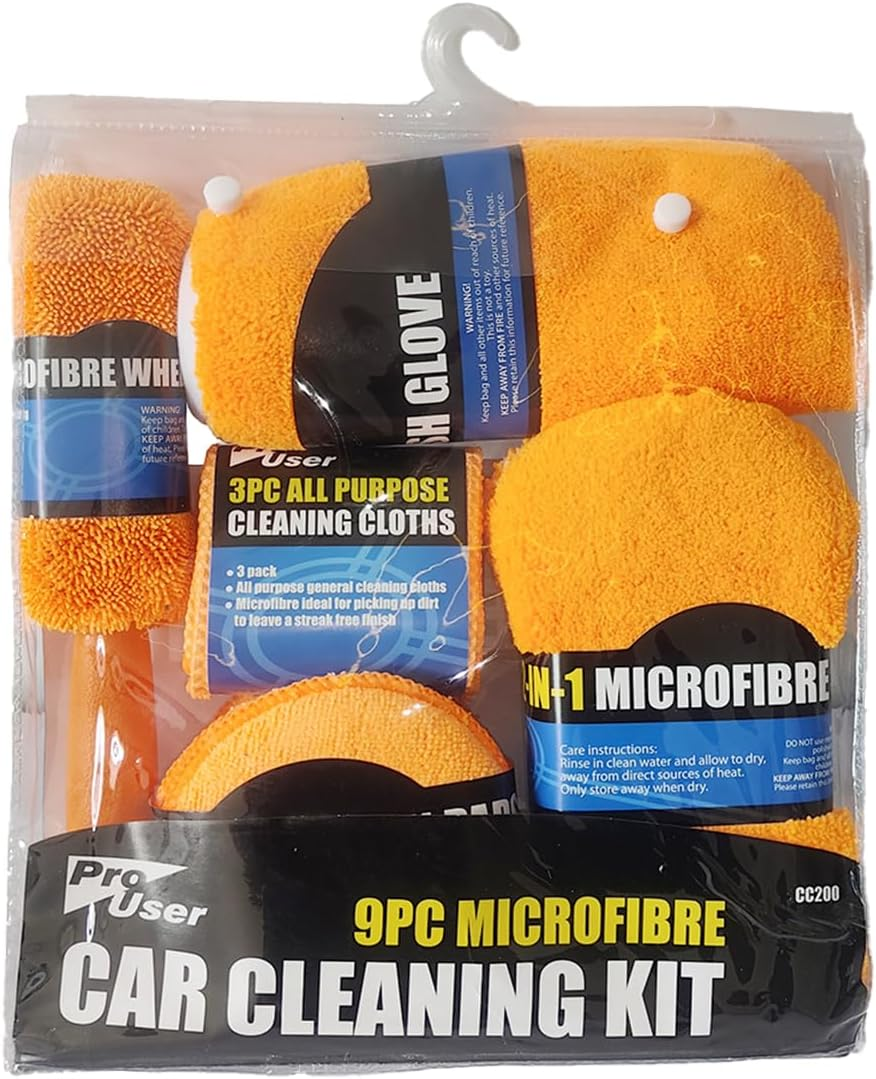 AIMALL 9PCS Microfibre Car Cleaning Kit with Wash Mitt, Wheel Brush, Waxing Sponge, Drying Towels and Polishing Cloths for Interior Exterior Auto Detailing