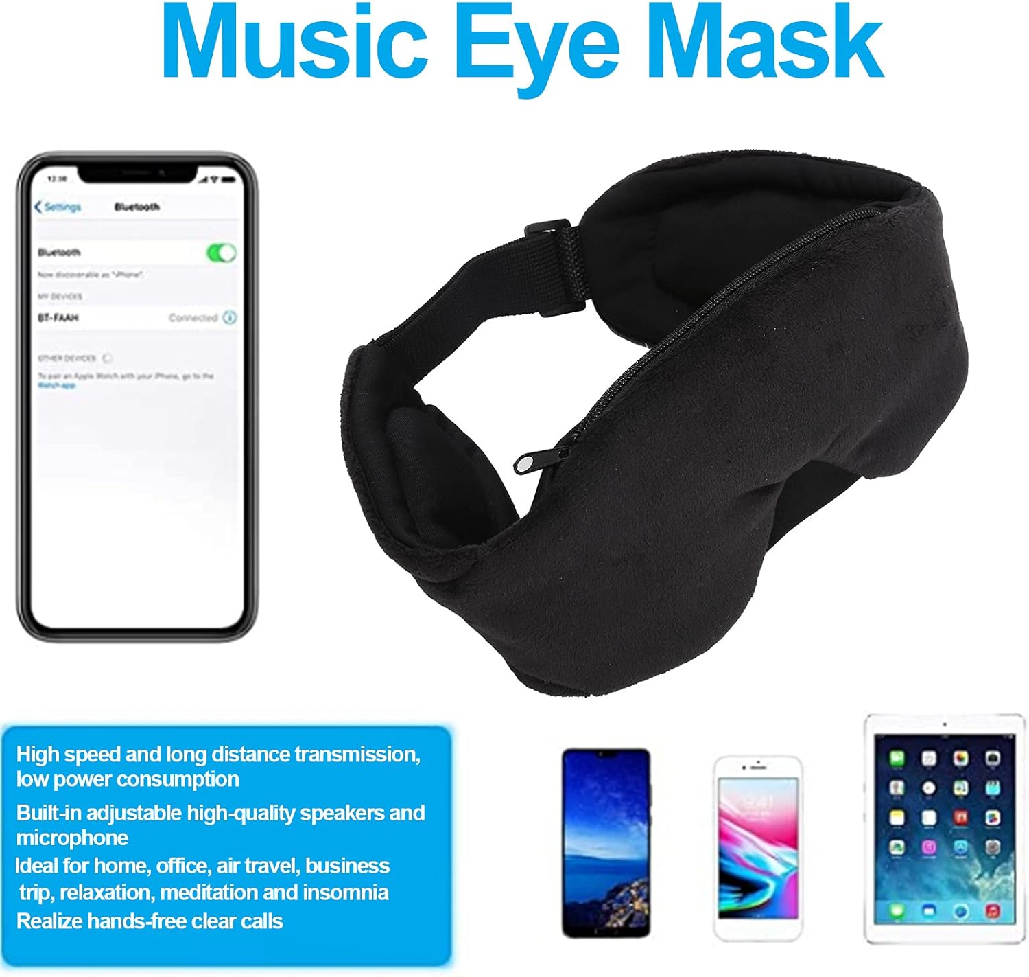 Wireless Bluetooth Musical Eye Mask Stereo Bass Blackout Music Eye Mask Listening to Songs and Calls Ideal for Home Office Air Travel Business Trip Relaxation Meditation Insomnia (Black) image number 6