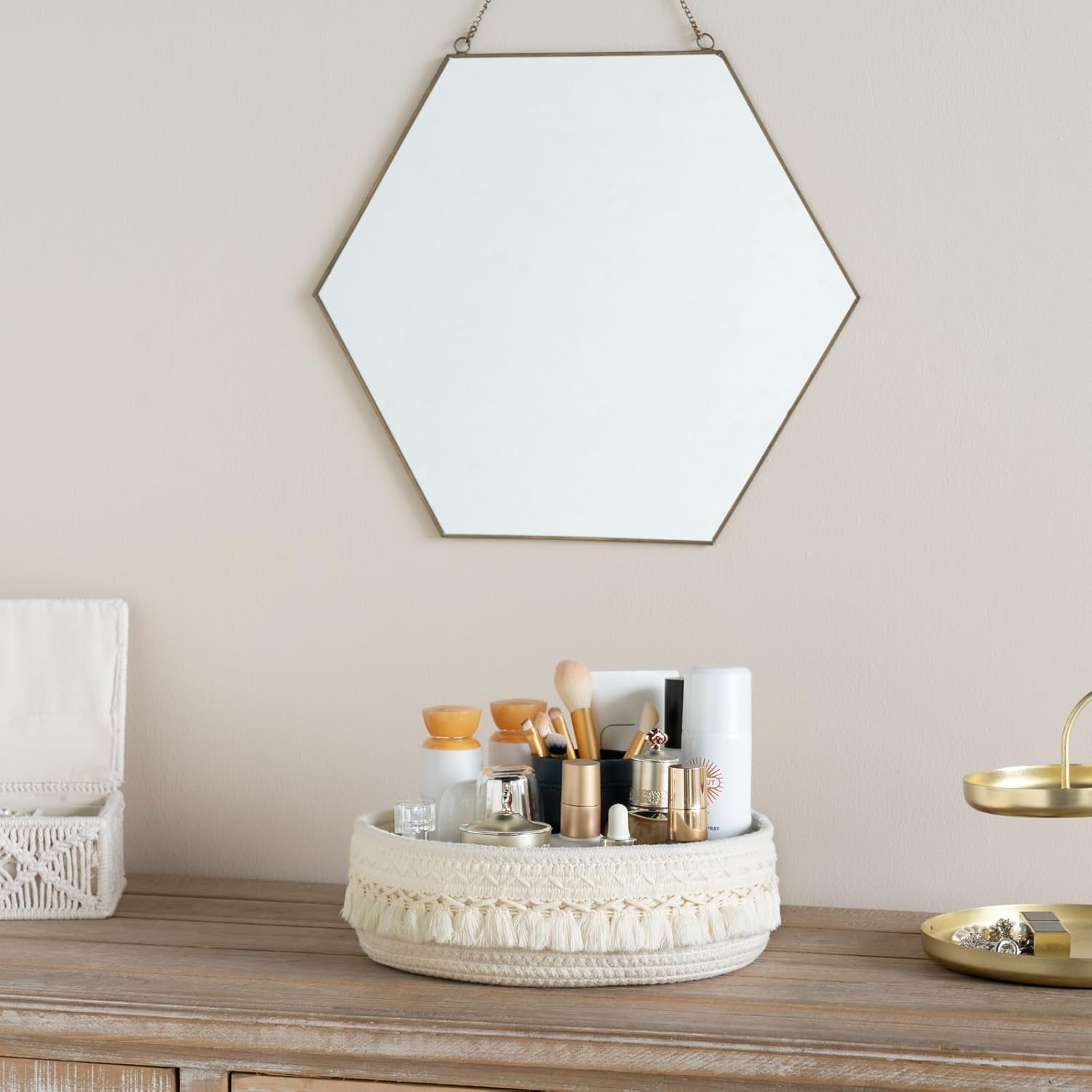 Mkono Makeup Perfume Holder Organizer Macrame Decorative Woven Rope Basket Boho Decor Cosmetics Desk Storage Baskets for Dresser Skin Care Lotions Essential Oils Dorm Room Essentials image number 5